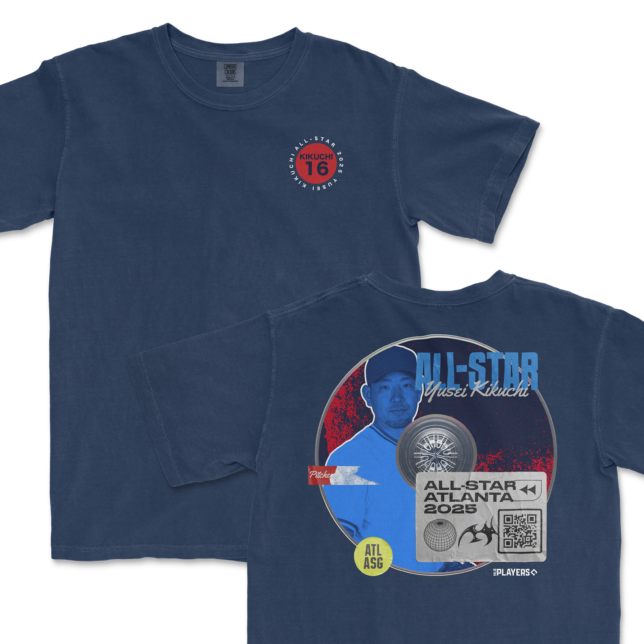 Navy Yusei Kikuchi All-Star 2025 t-shirt featuring a front logo and a graphic of Kikuchi on the back with event details.