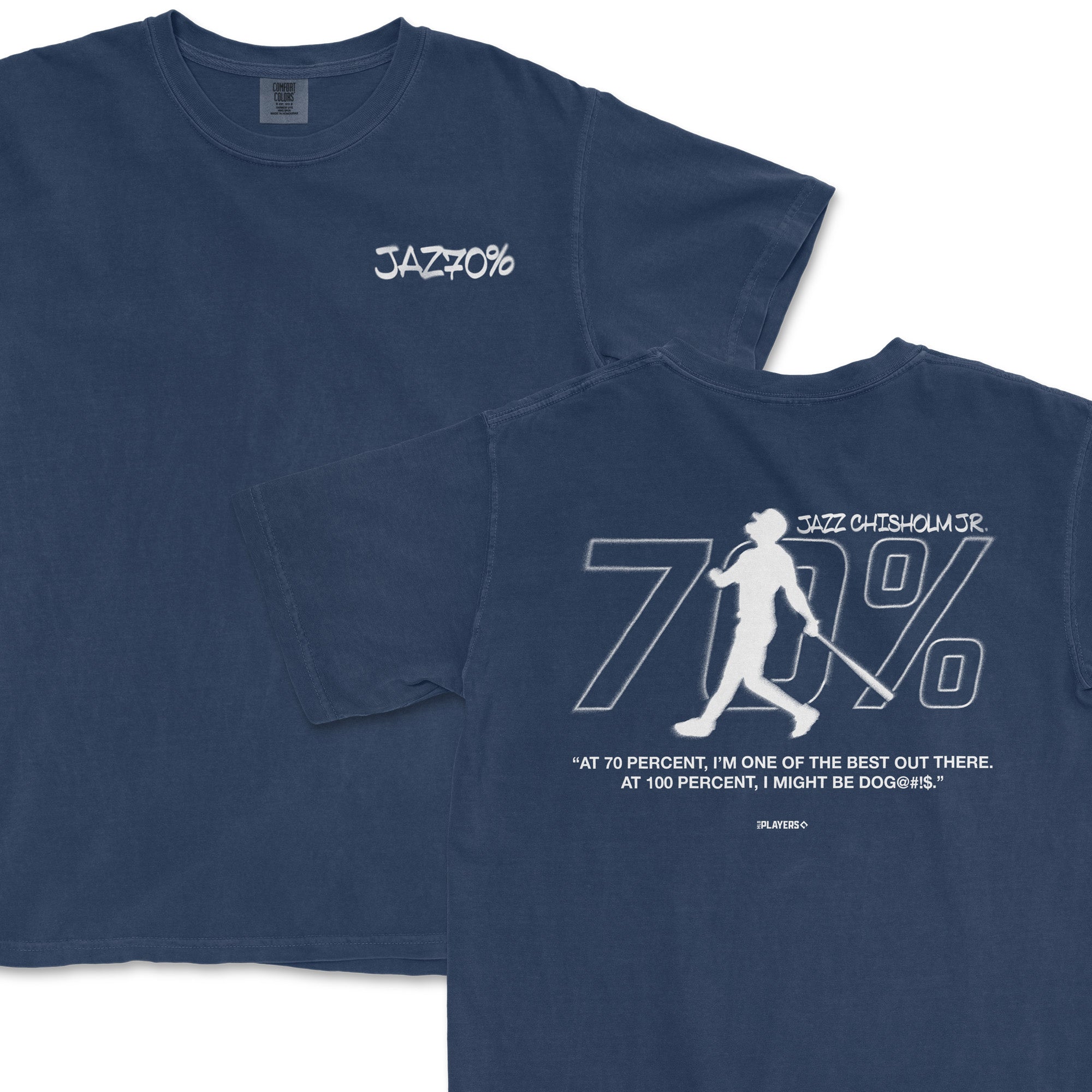 Navy blue t-shirt featuring Jazz Chisholm Jr. graphic with "70%" on the back and a motivational quote.