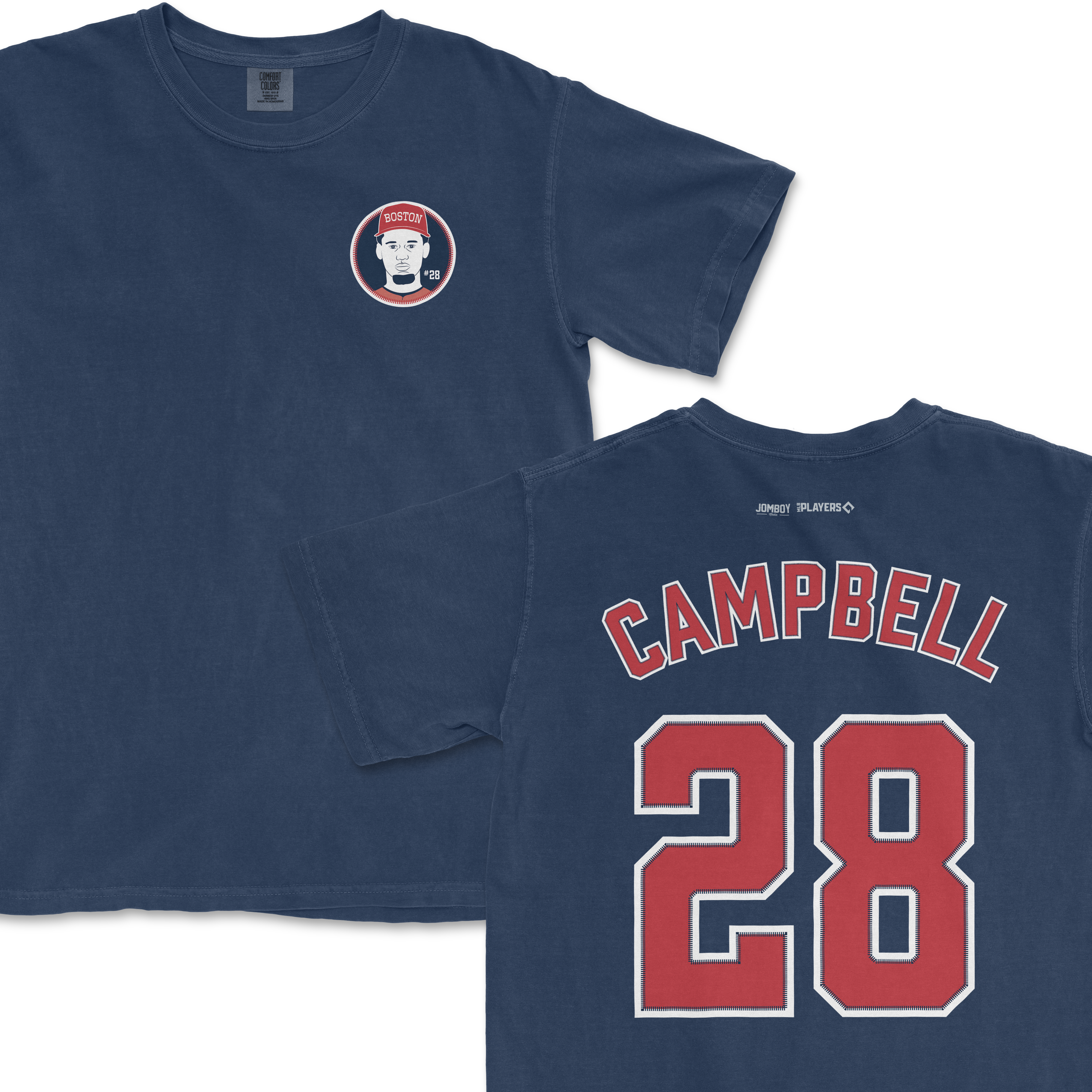 Kristian Campbell Shirsey and Comfort Colors tee featuring a front graphic and back name and number design in red and white on navy fabric.