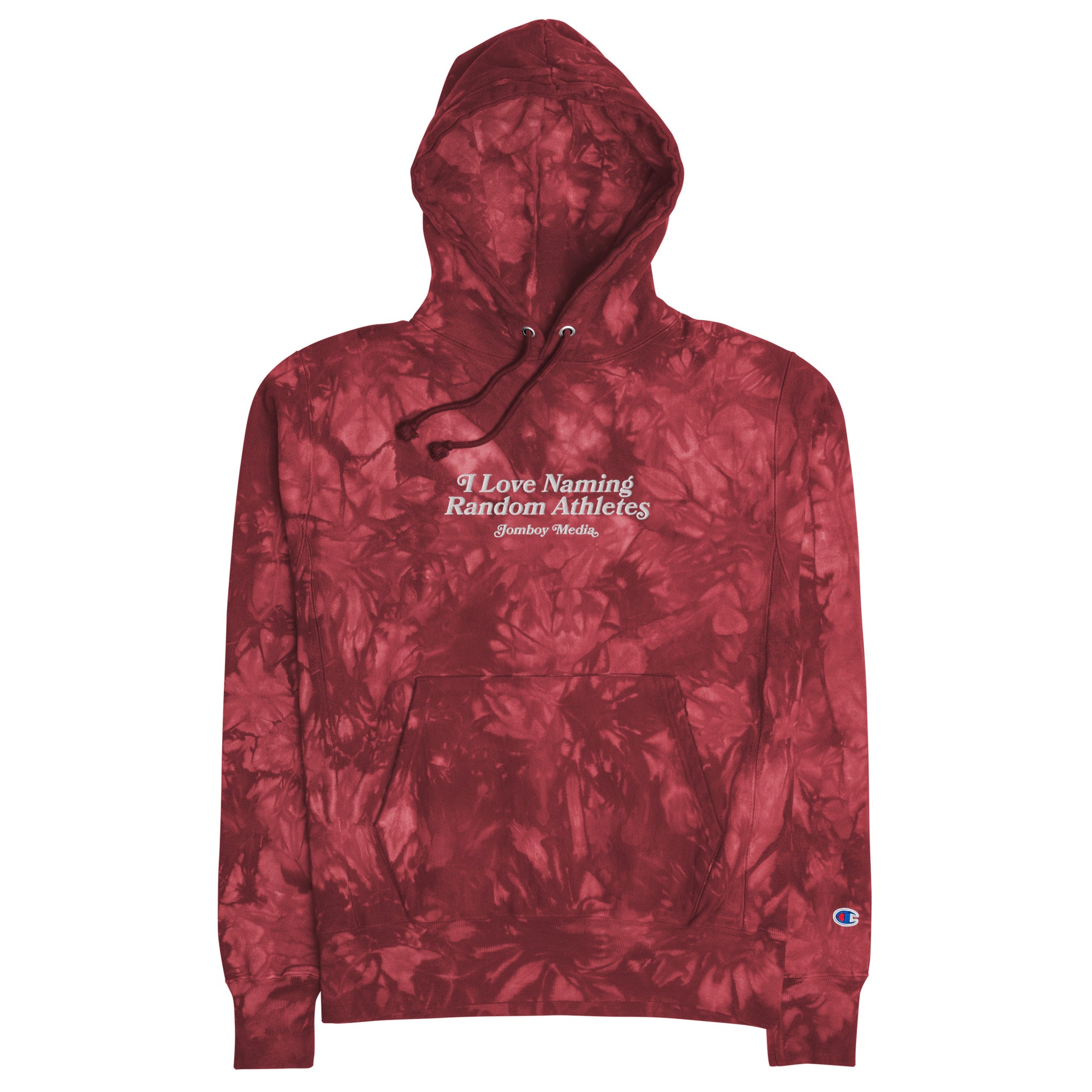 Red tie-dye hoodie with embroidered text "I Love Naming Random Athletes" and a front pocket, featuring a drawstring hood.