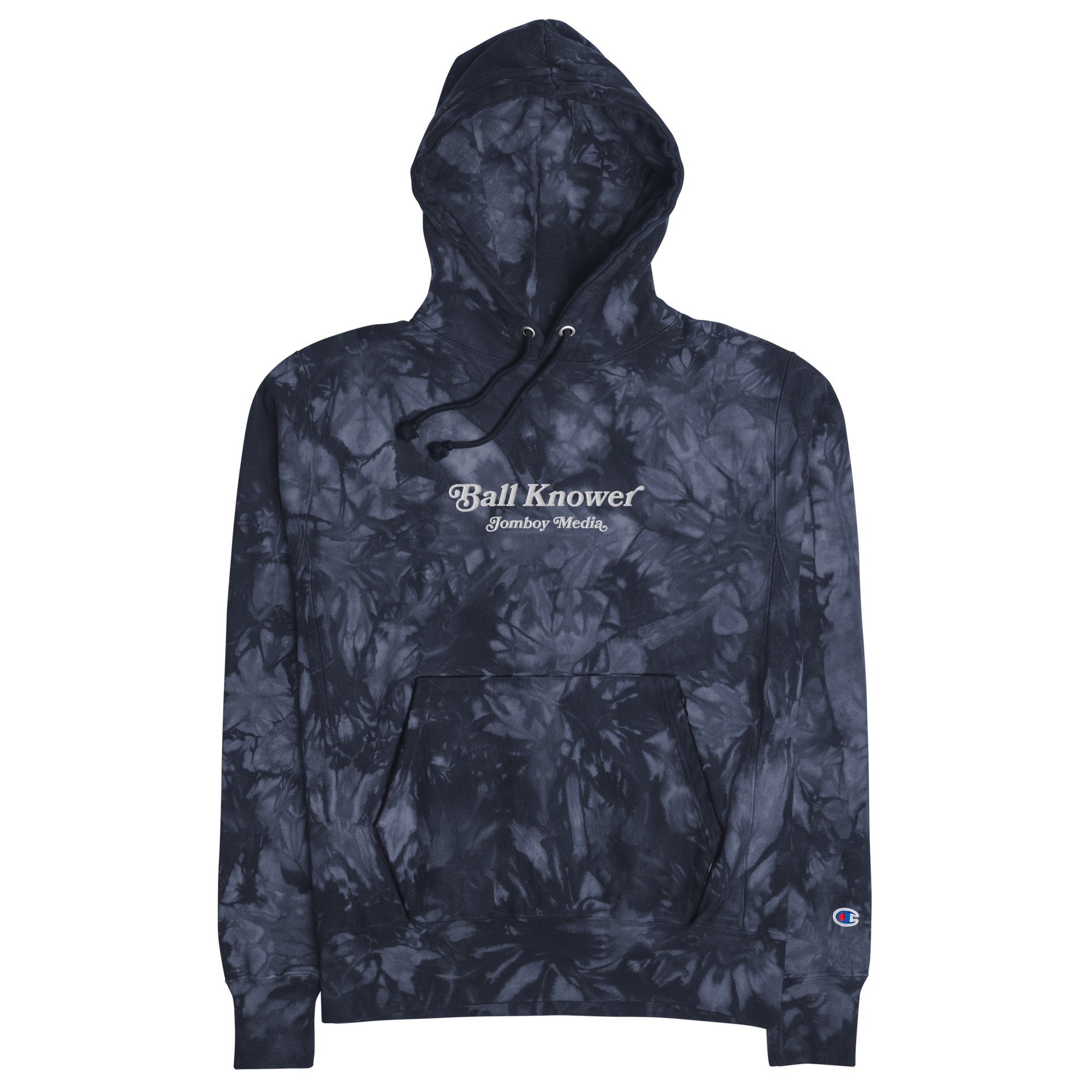 Embroidered tie-dye hoodie with "Ball Knower" and "Jomboy Media" text, featuring a front pocket and adjustable drawstring hood.