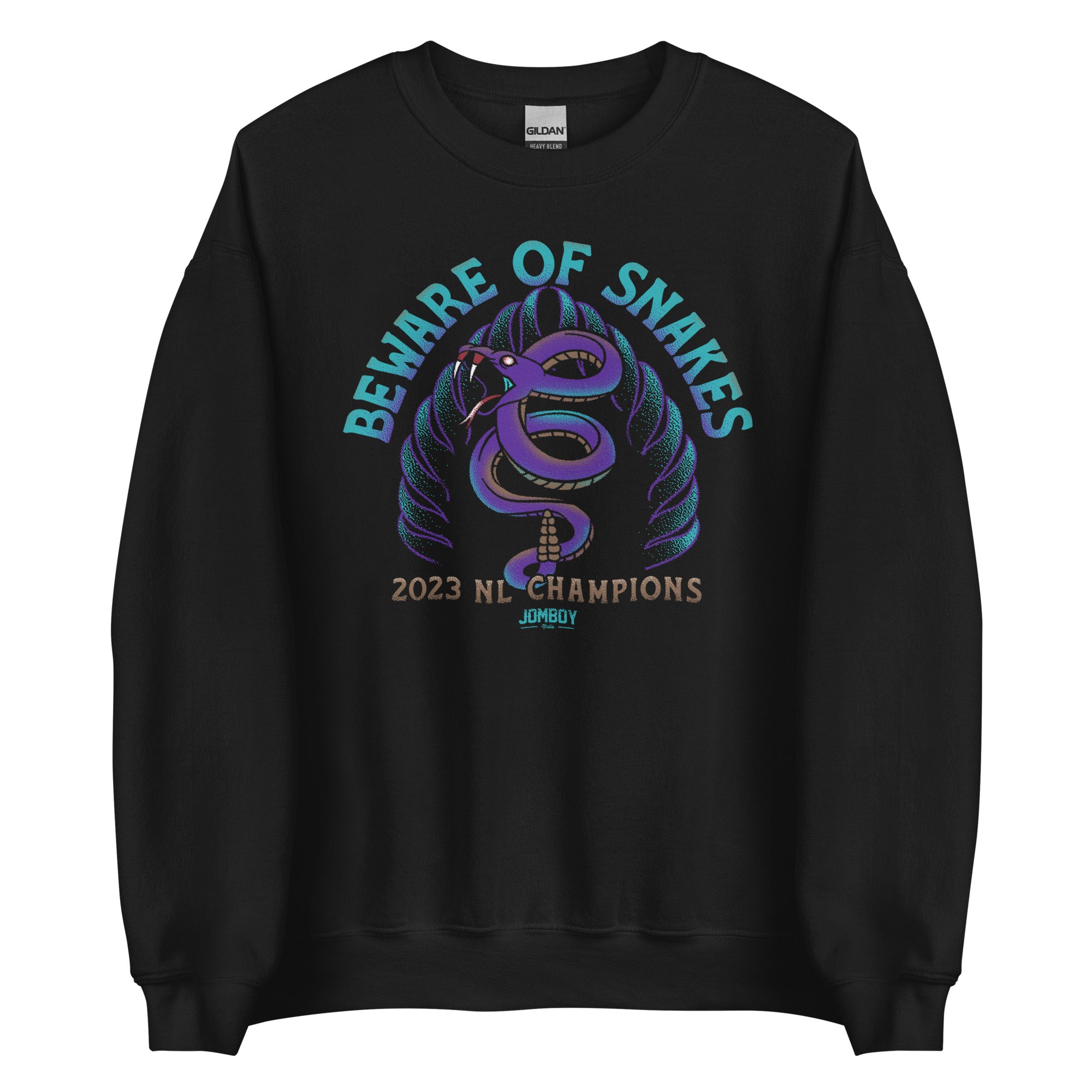 Black crewneck sweatshirt featuring a colorful snake illustration with "Beware of Snakes" text, celebrating 2023 NL Champions.