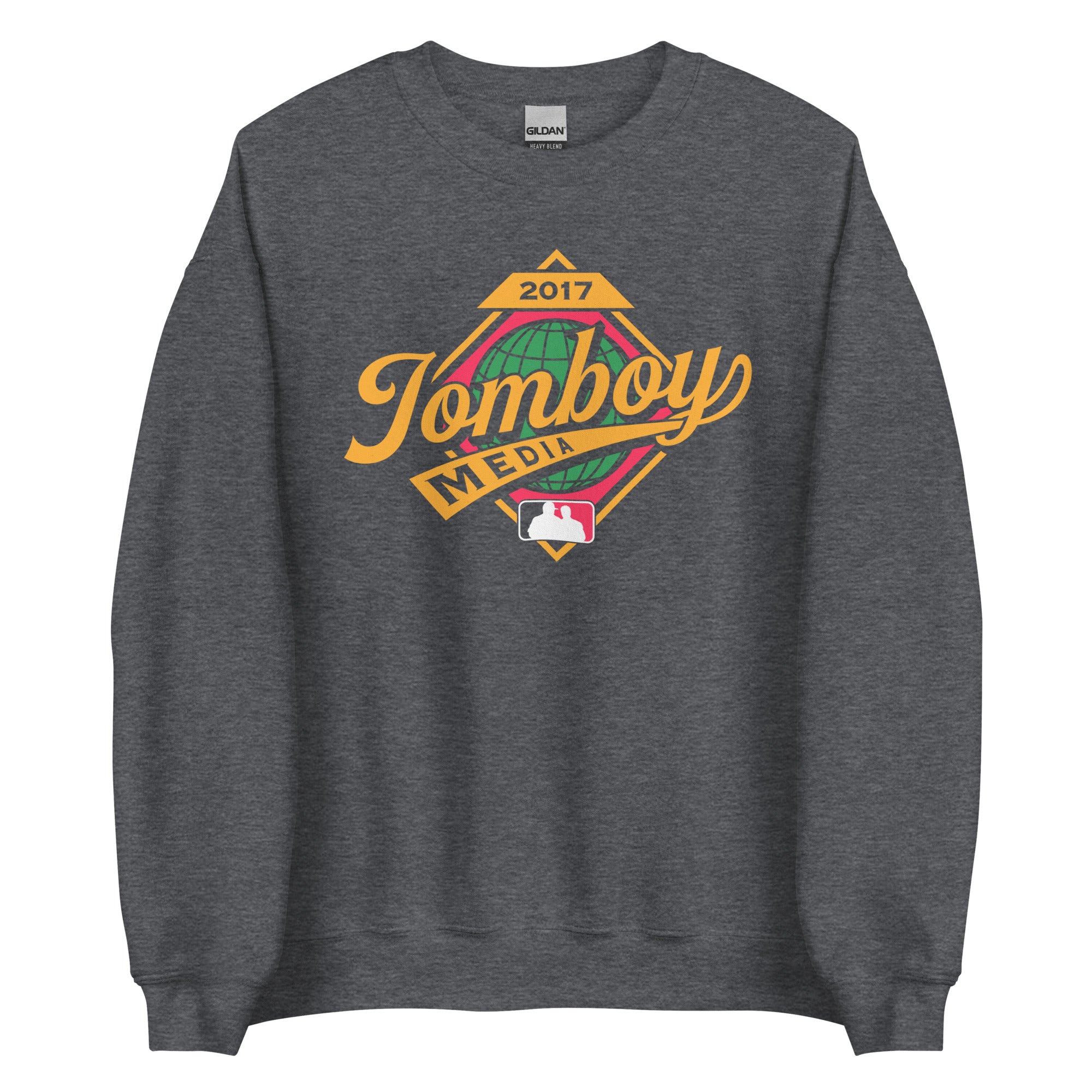 Gray crewneck sweatshirt featuring a colorful "Tomboy Media" logo with a globe, year 2017, and MLB-style silhouette design.