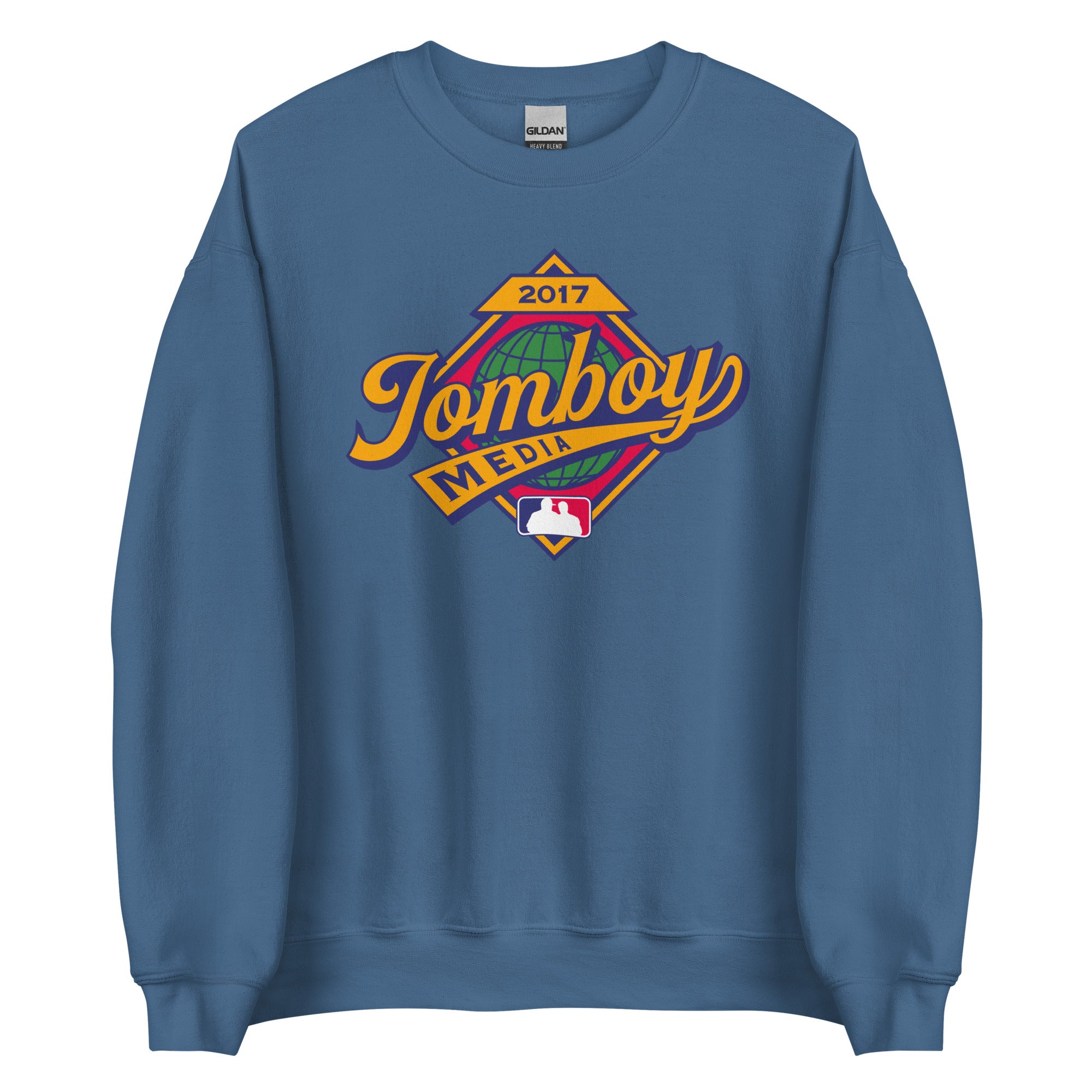 Blue crewneck sweatshirt featuring a colorful "Tomboy Media" logo with a globe, MLB logo, and "2017" text.