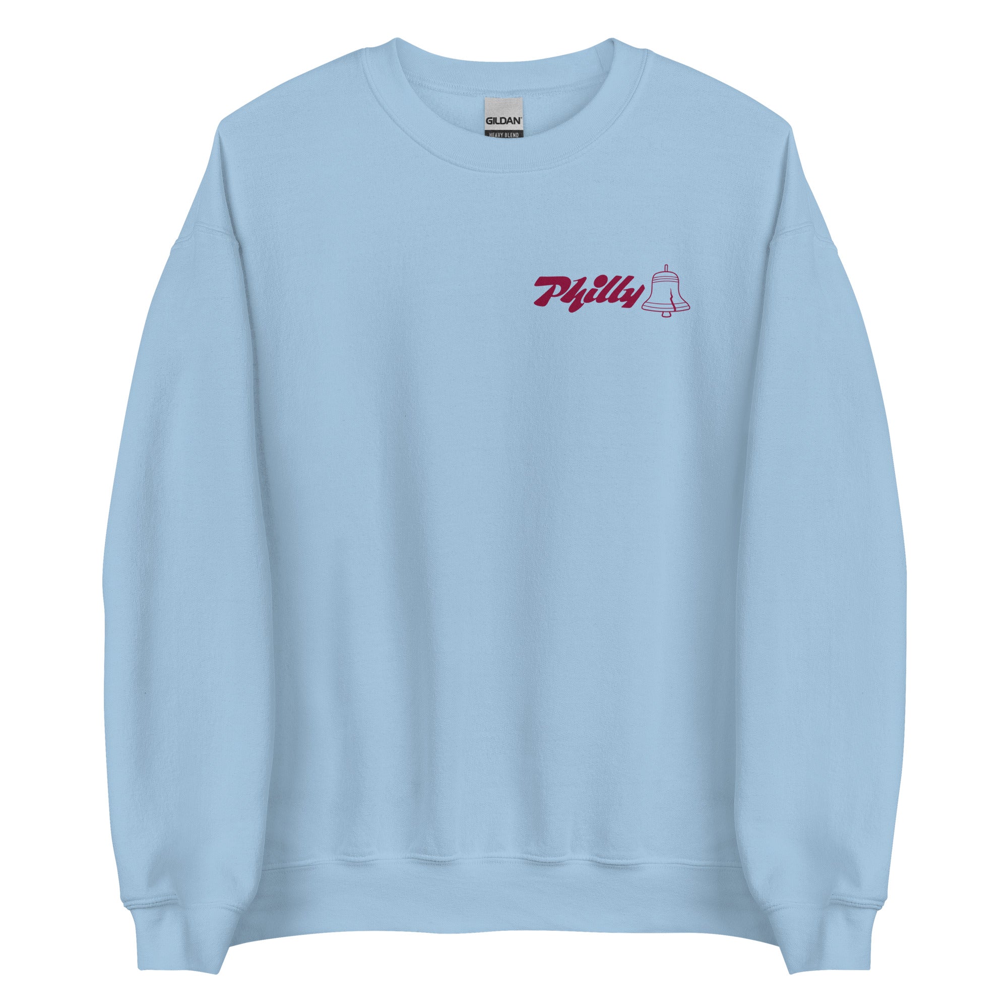 Light blue crewneck sweatshirt with "Philly" and a small bell graphic embroidered on the chest.
