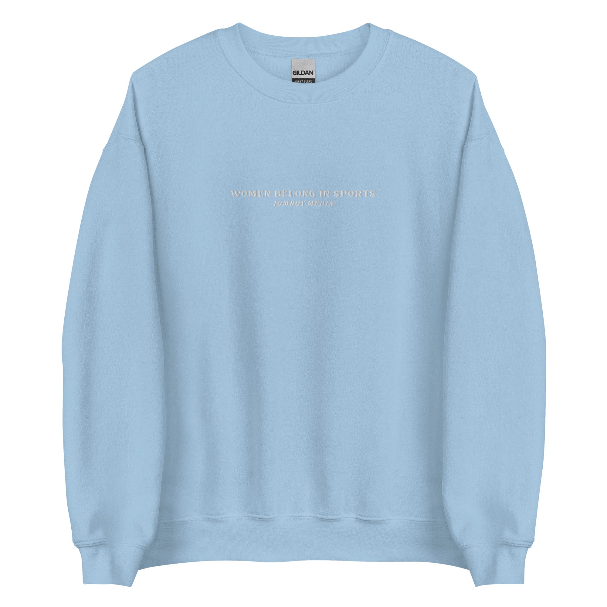 Light blue embroidered crewneck sweatshirt with "Women Belong in Sports" and "Jombo Media" text on the front.