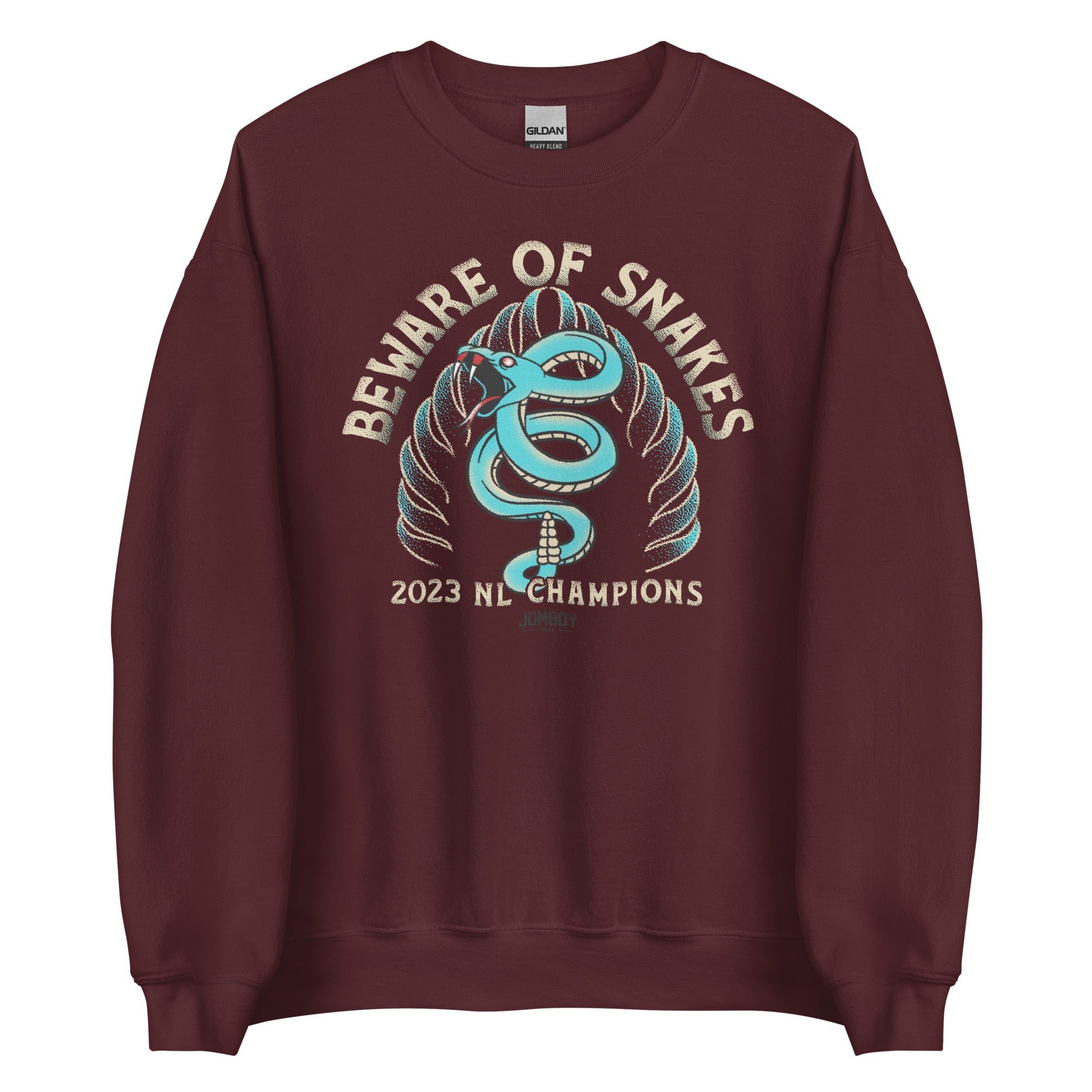 Maroon crewneck sweatshirt featuring a blue snake coiled around a snake head with the text "Beware of Snakes," celebrating 2023 NL Champions.