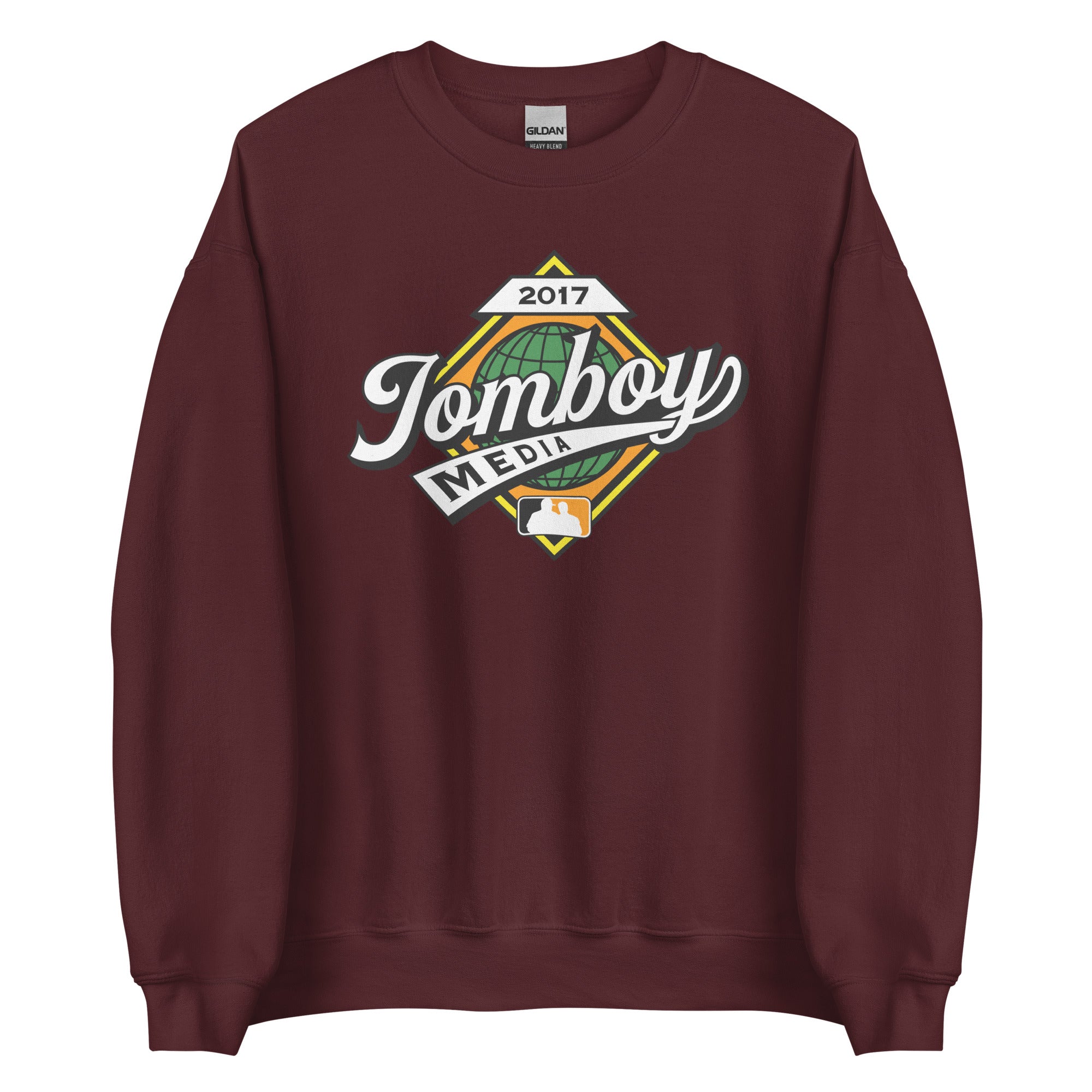 Maroon crewneck sweatshirt featuring a "Jomboy Media" logo with a globe, baseball, and "2017" text, perfect for fall.