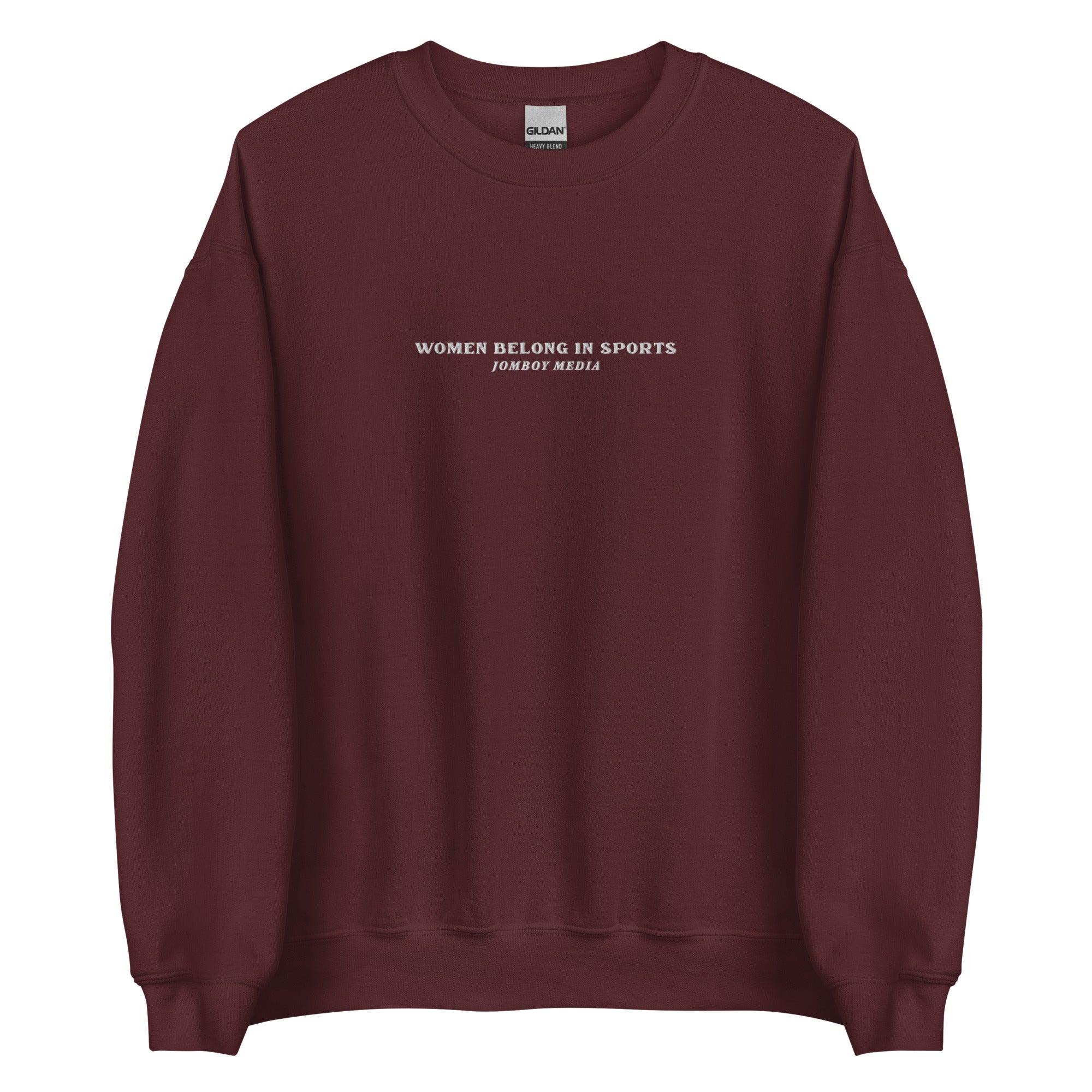 Maroon embroidered crewneck sweatshirt with "Women Belong in Sports" text and "Jombo Media" below, casual and stylish.