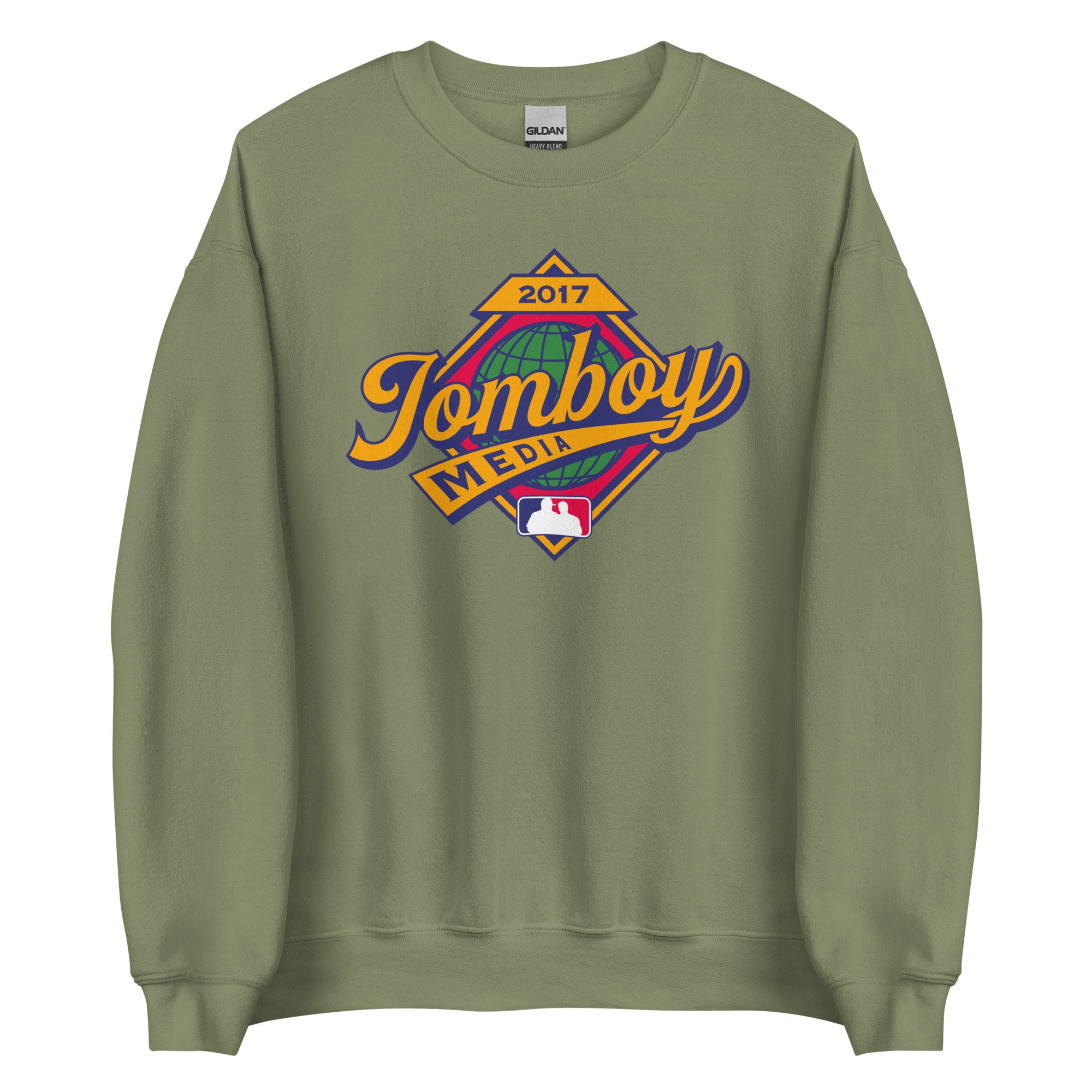 Green crewneck sweatshirt featuring a colorful "Tomboy Media" logo with a globe, MLB logo, and "2017" text.