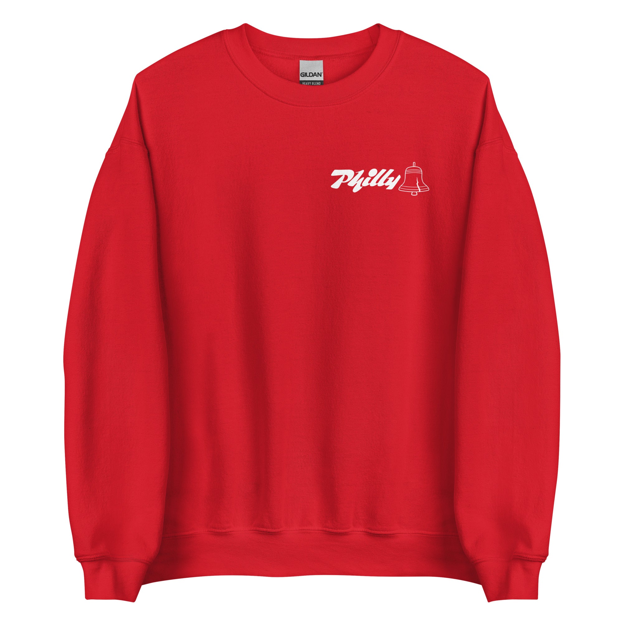 Red crewneck sweatshirt with "Philly" text and a bell graphic on the chest, celebrating Philadelphia's dance scene.