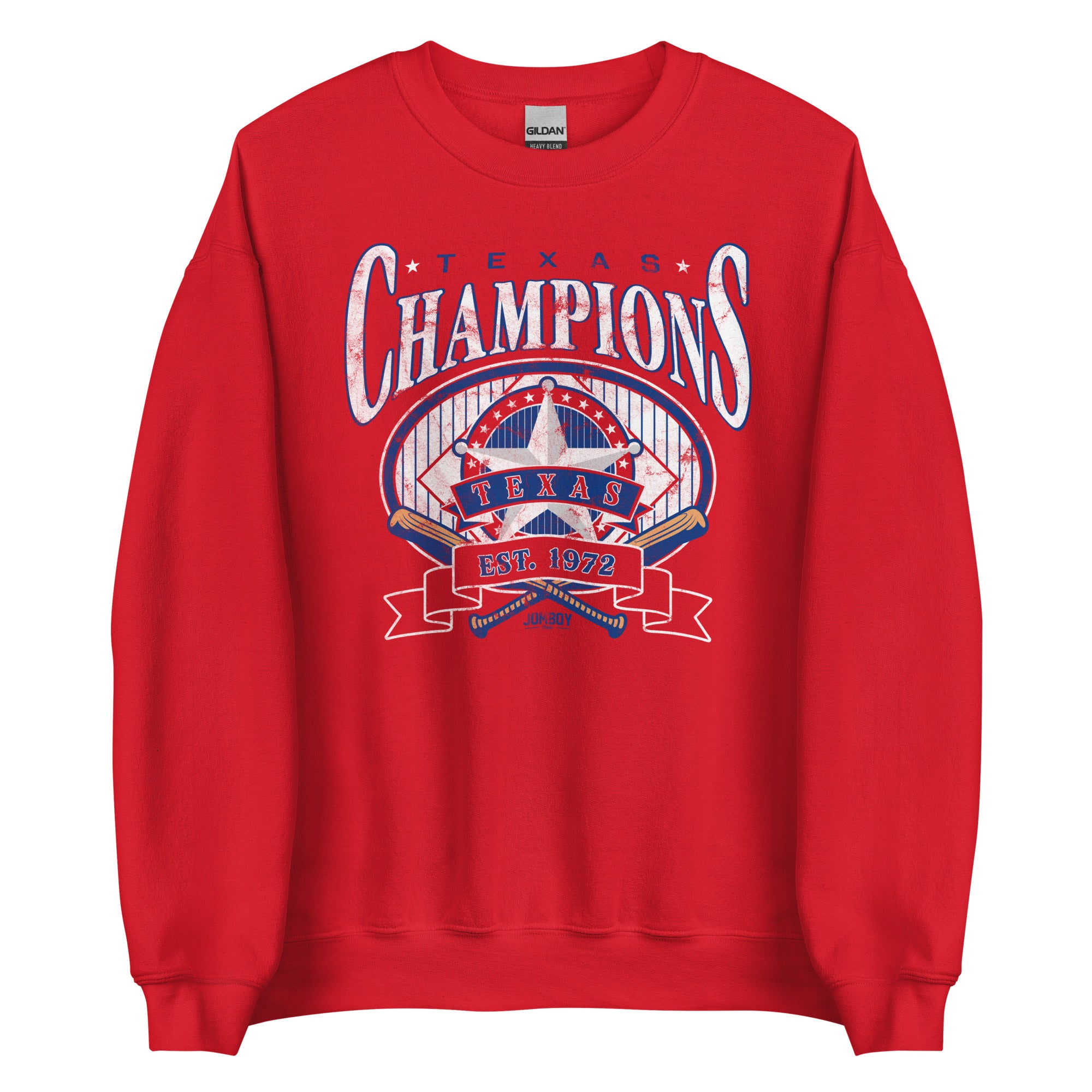 Red crewneck sweatshirt featuring a bold "Texas Champions" graphic with stars, a sheriff badge, and "EST. 1972" text.