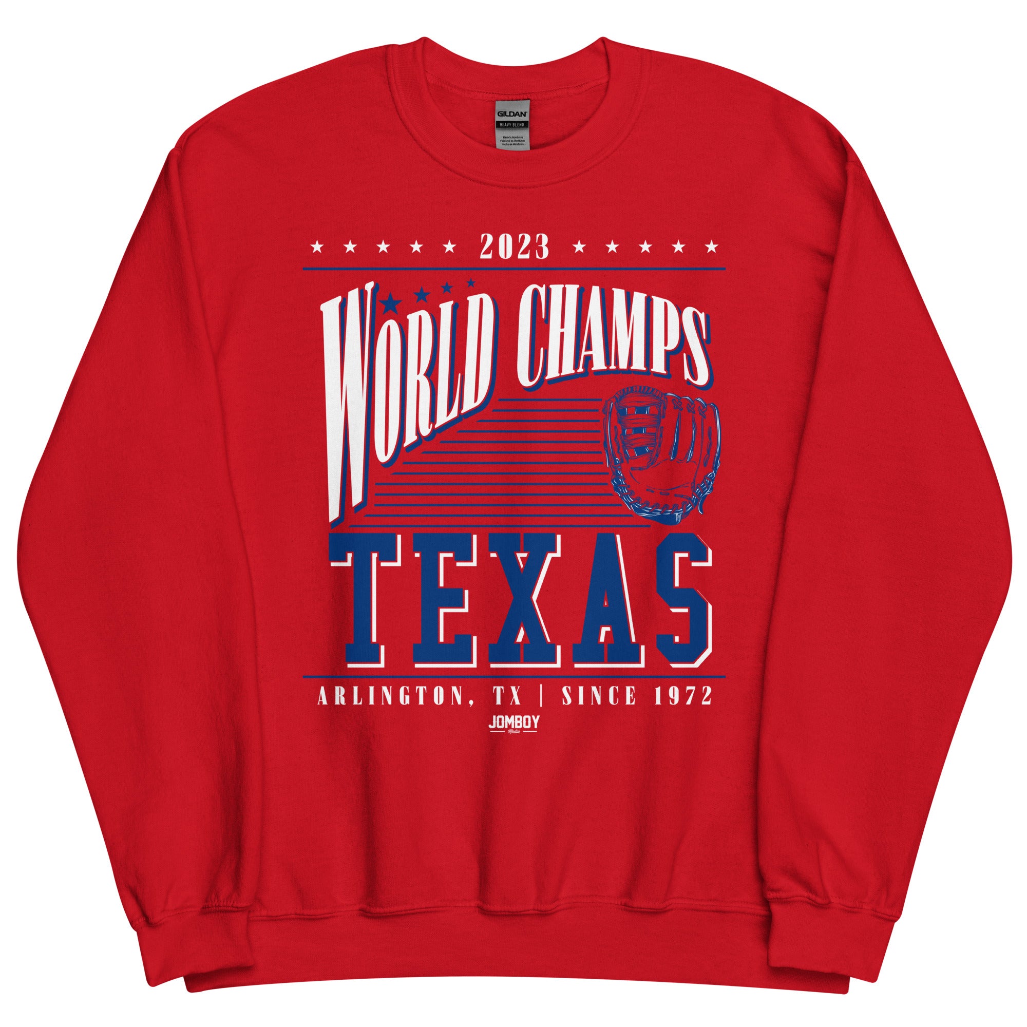 Red crewneck sweatshirt celebrating Arlington, Texas as 2023 World Champs with baseball graphics and text.