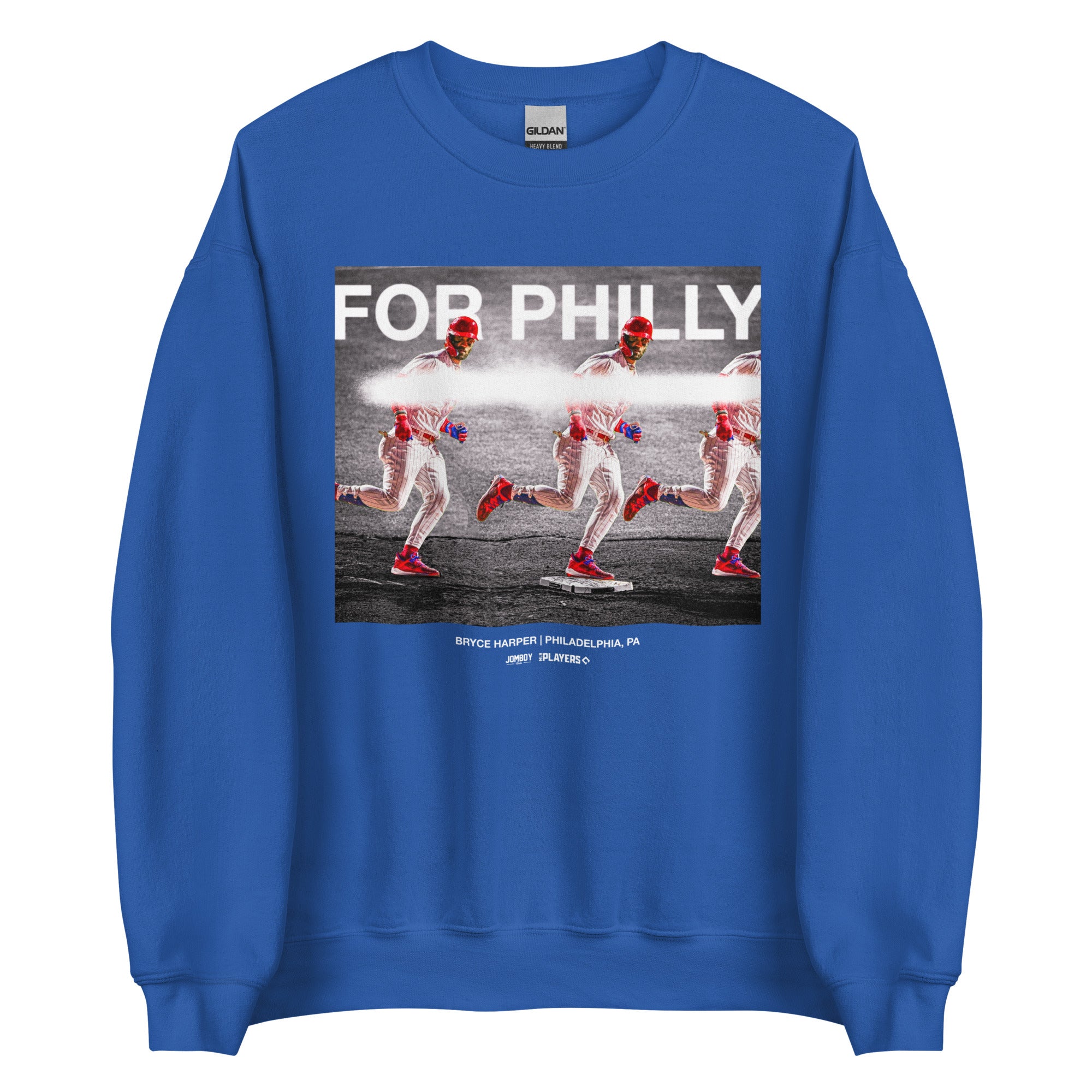 Blue crewneck sweatshirt featuring a graphic of Bryce Harper running, with "FOR PHILLY" text and details about the player.