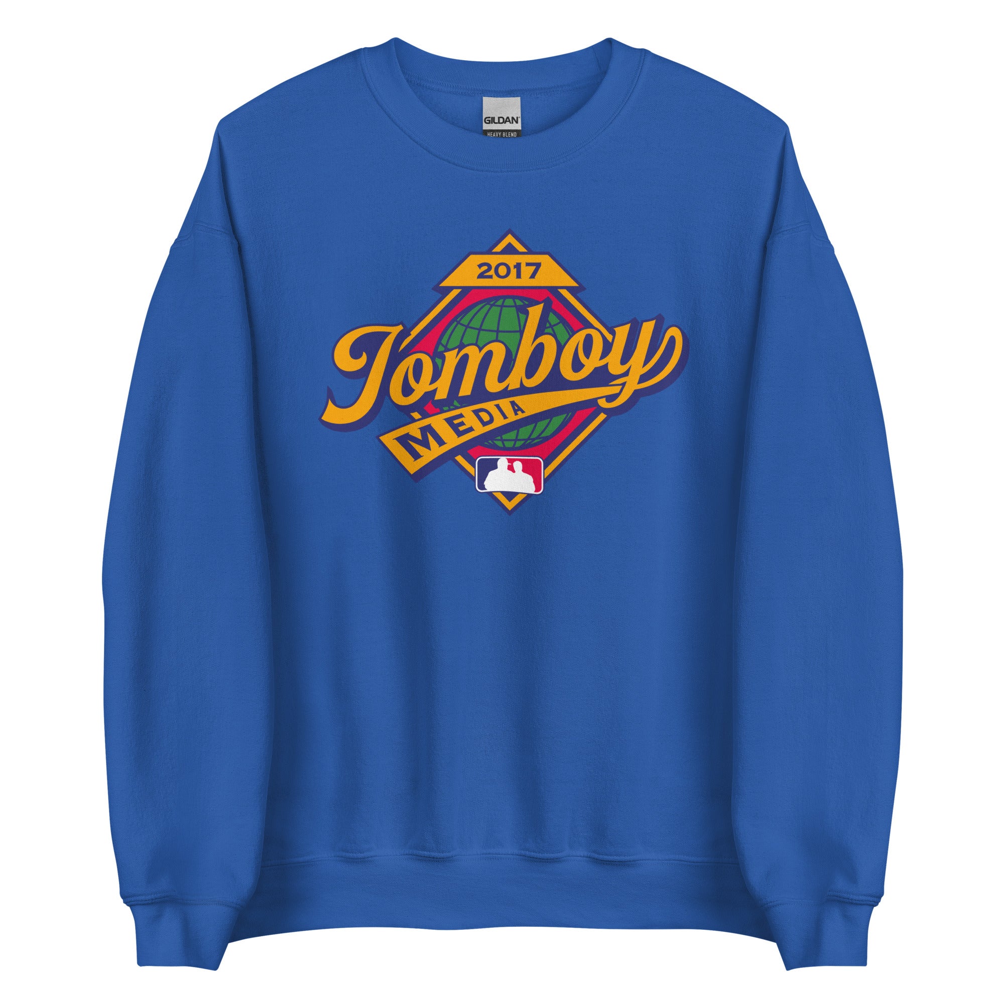 Blue crewneck sweatshirt featuring a colorful "Tomboy Media" logo with a globe, MLB emblem, and "2017" text.