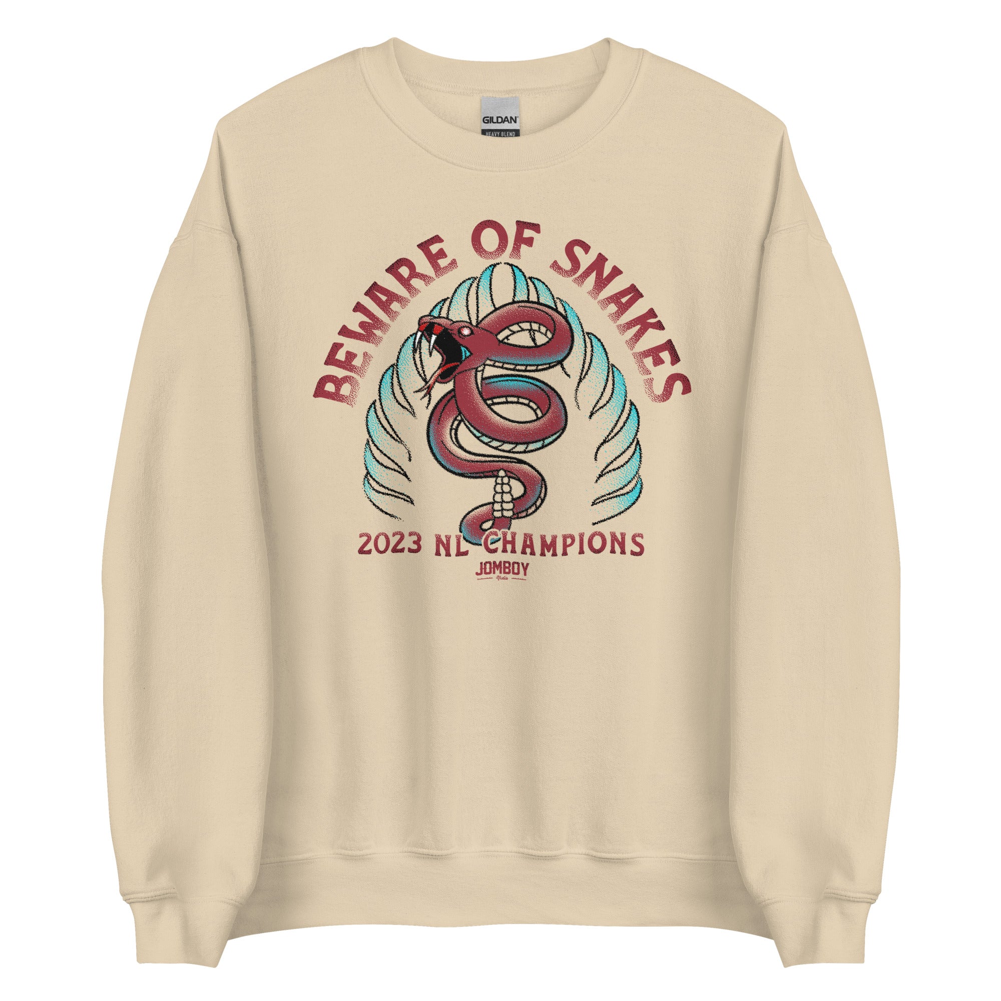 Be aware of snakes graphic on a beige crewneck sweatshirt celebrating 2023 NL champions with a fierce snake and bold text.