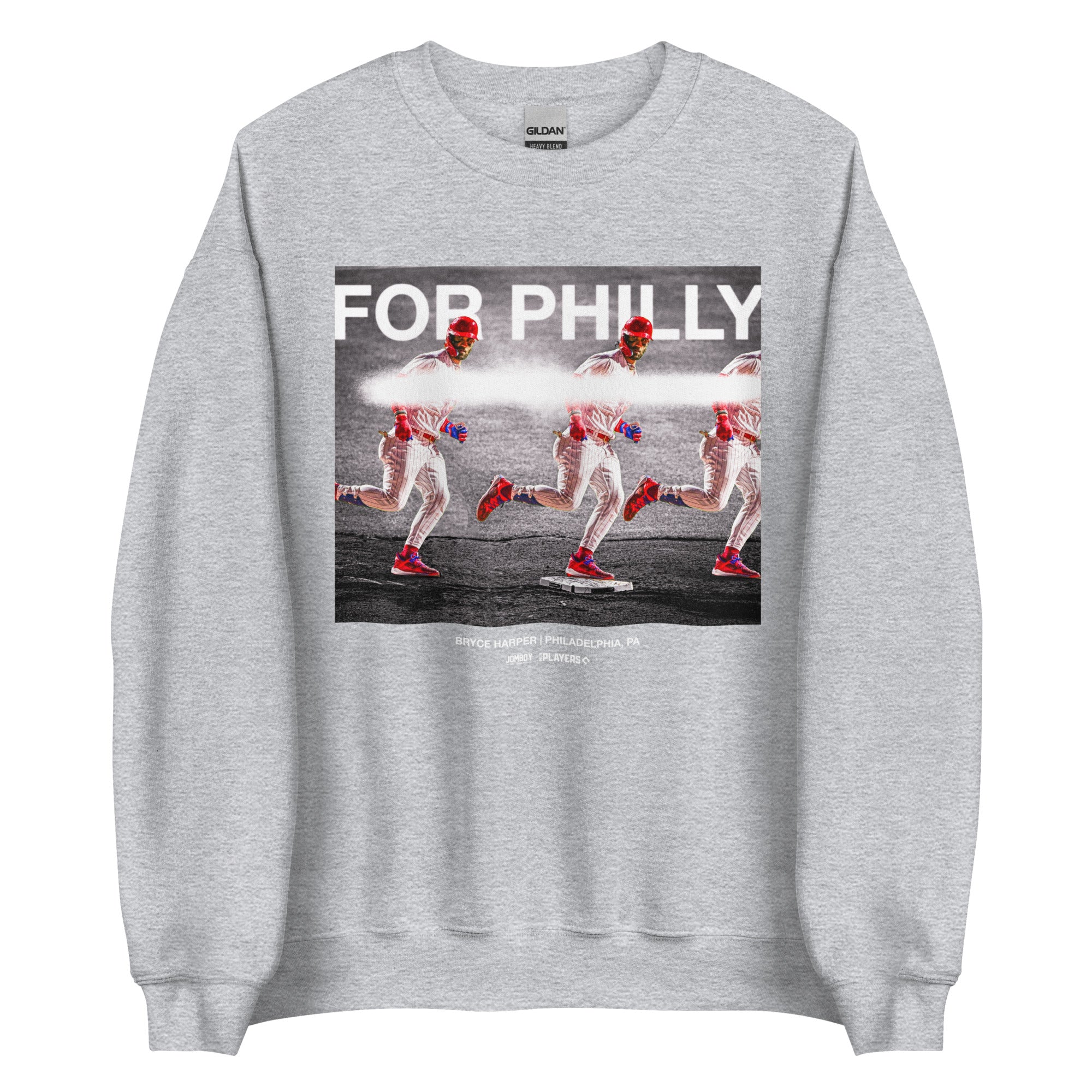 Gray crewneck sweatshirt featuring a graphic of Bryce Harper running, with "FOR PHILLY" text and additional details below.