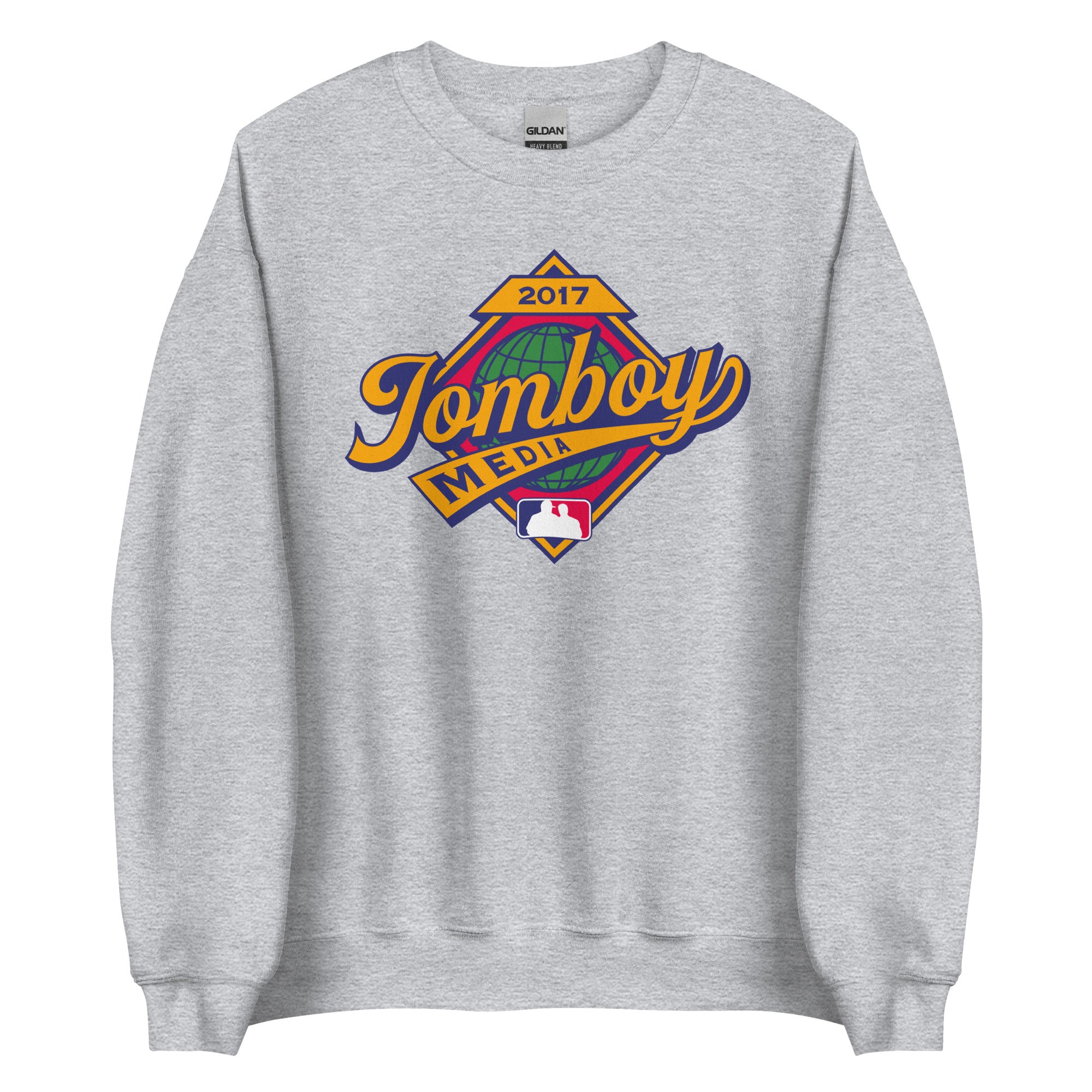 Gray crewneck sweatshirt featuring a colorful "Tomboy Media" logo with a globe, MLB logo, and "2017" text.