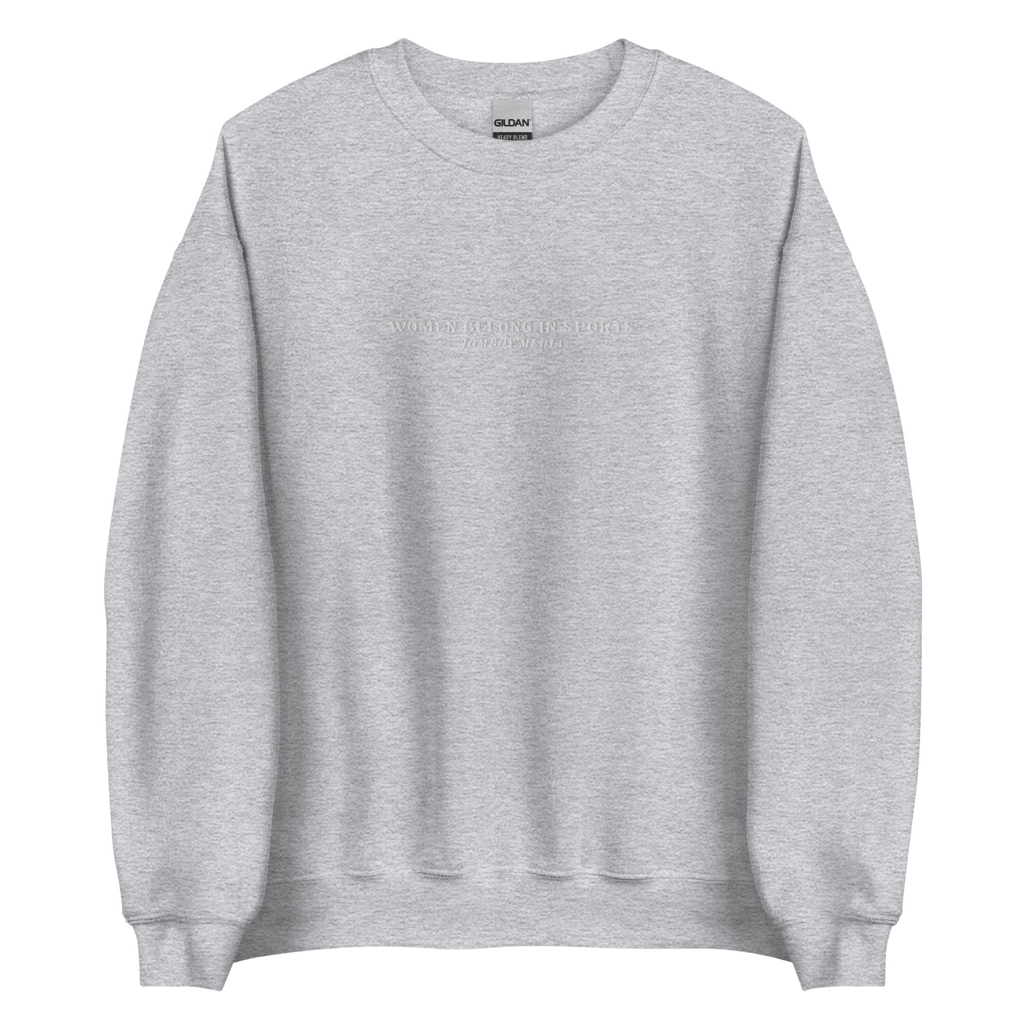 Light gray embroidered crewneck sweatshirt with "Women Belong in Sports" text in subtle embroidery across the chest.