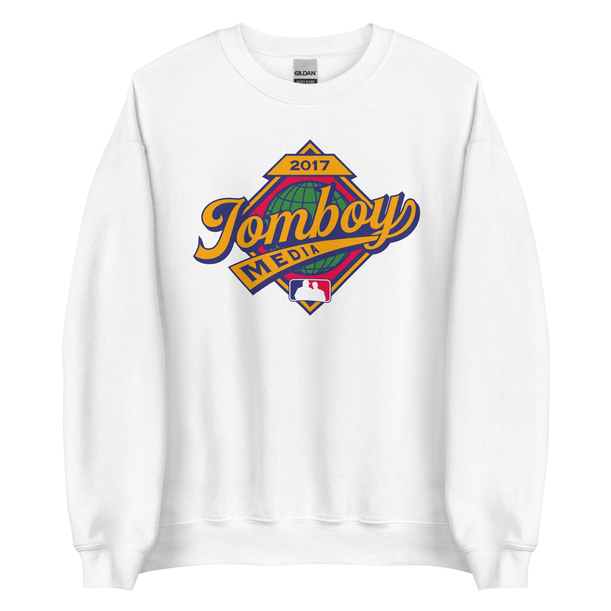White crewneck sweatshirt featuring a colorful "Tomboy Media" logo with a globe, MLB logo, and "2017" text.