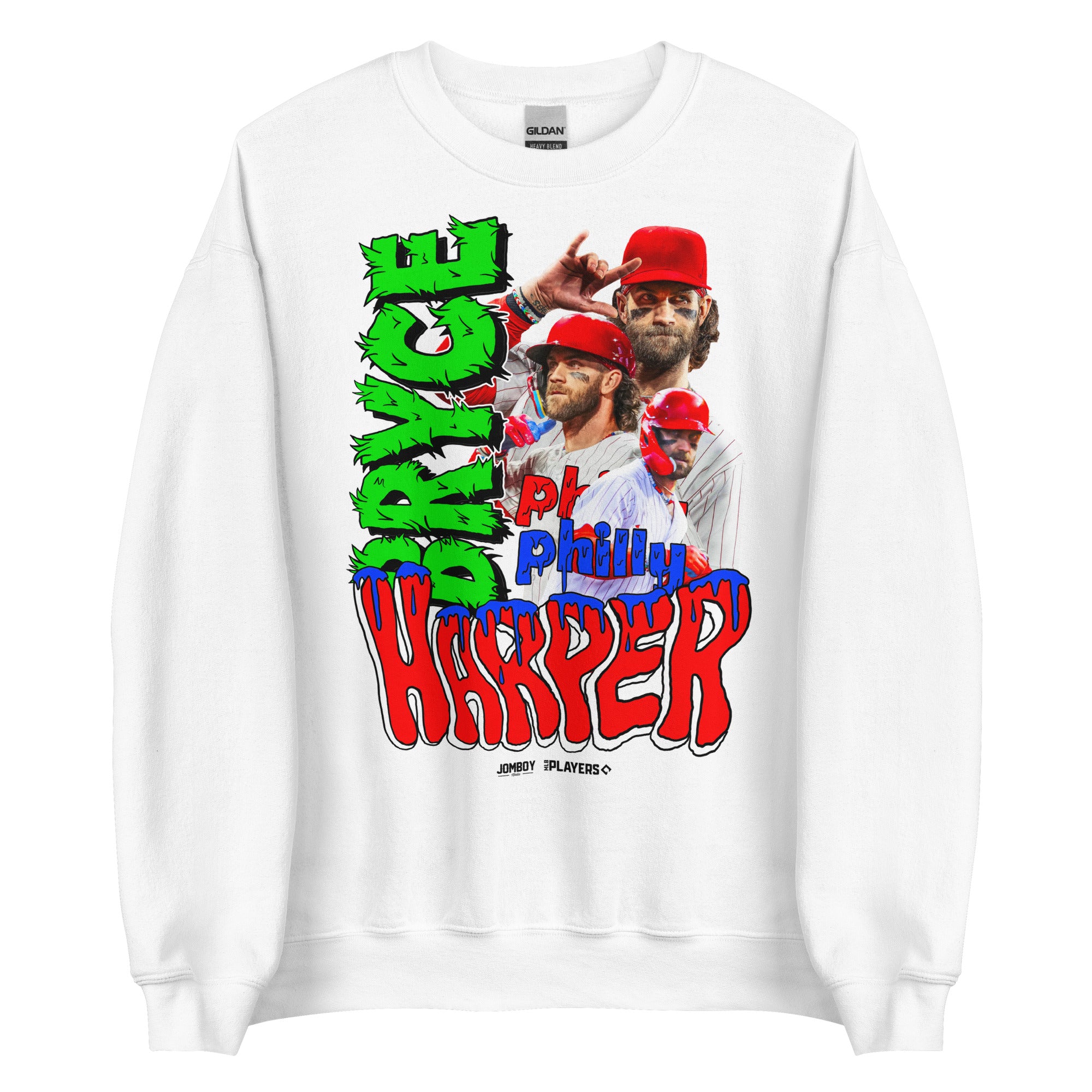 White crewneck sweatshirt featuring multiple images of Bryce Harper in baseball gear, with colorful, graffiti-style text.