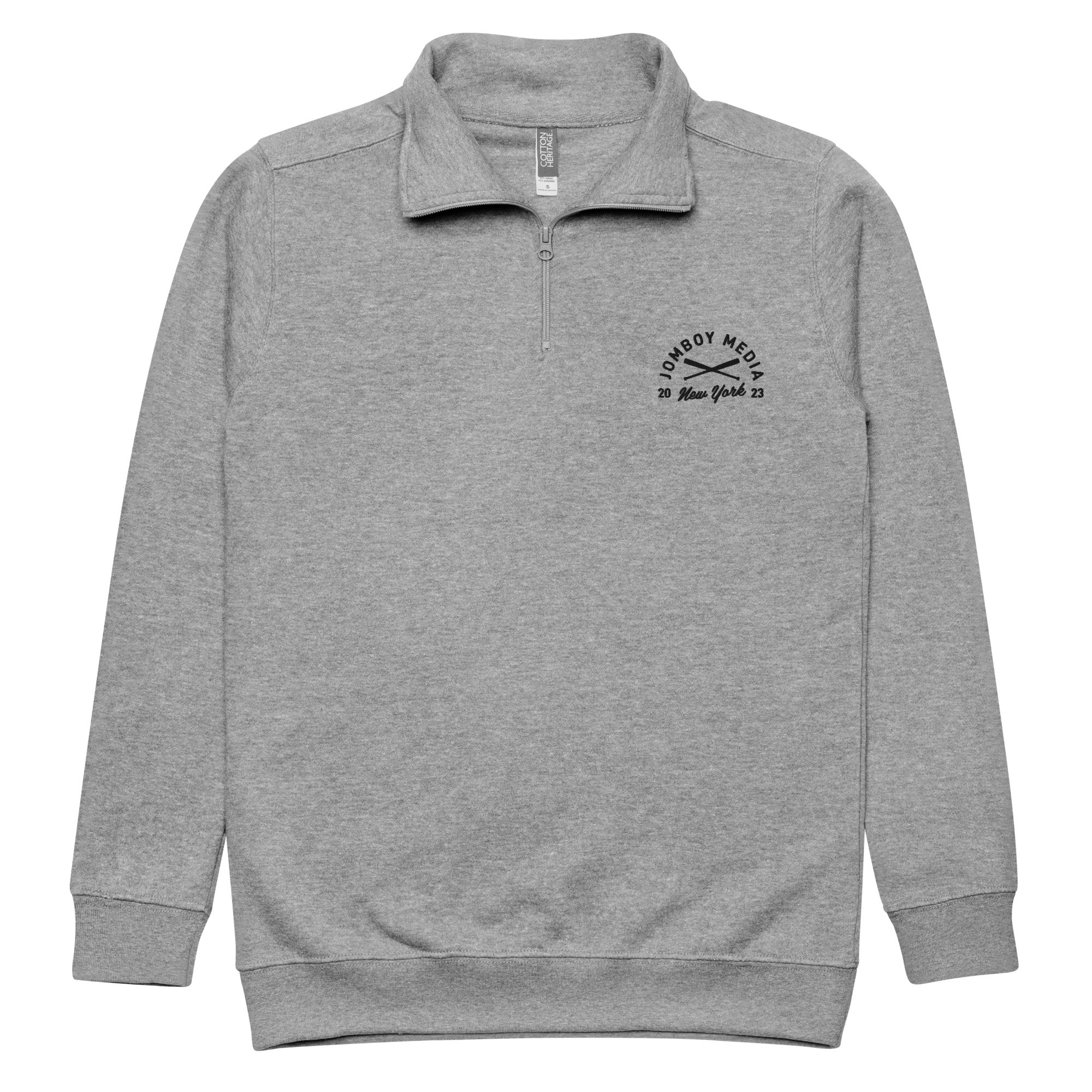 Gray fleece quarter-zip pullover with "Jomboy Media" logo, crossed baseball bats, and "New York 23" embroidered on the chest.