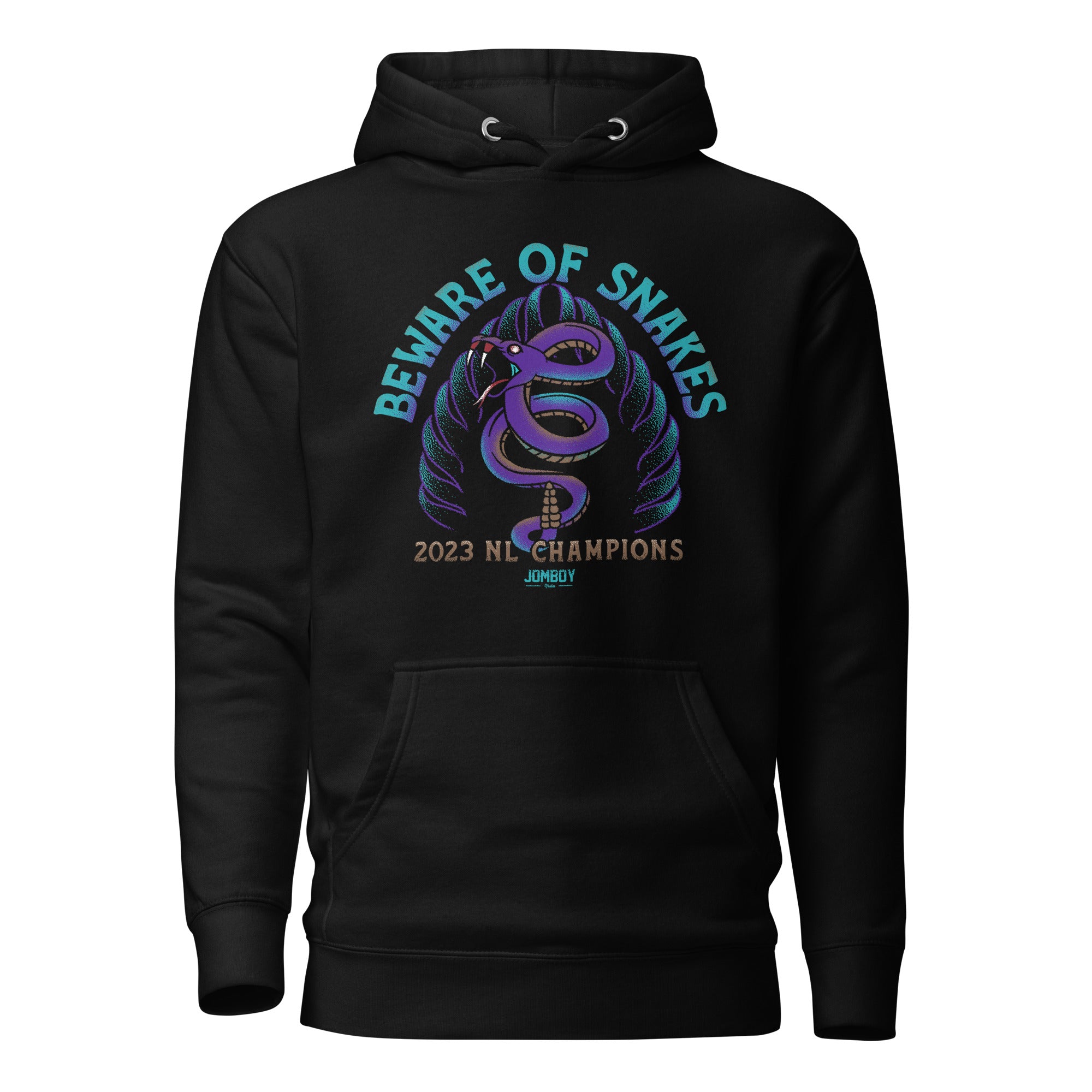 Black hoodie featuring a colorful snake illustration with "Beware of Snakes" text, celebrating 2023 NL Champions.