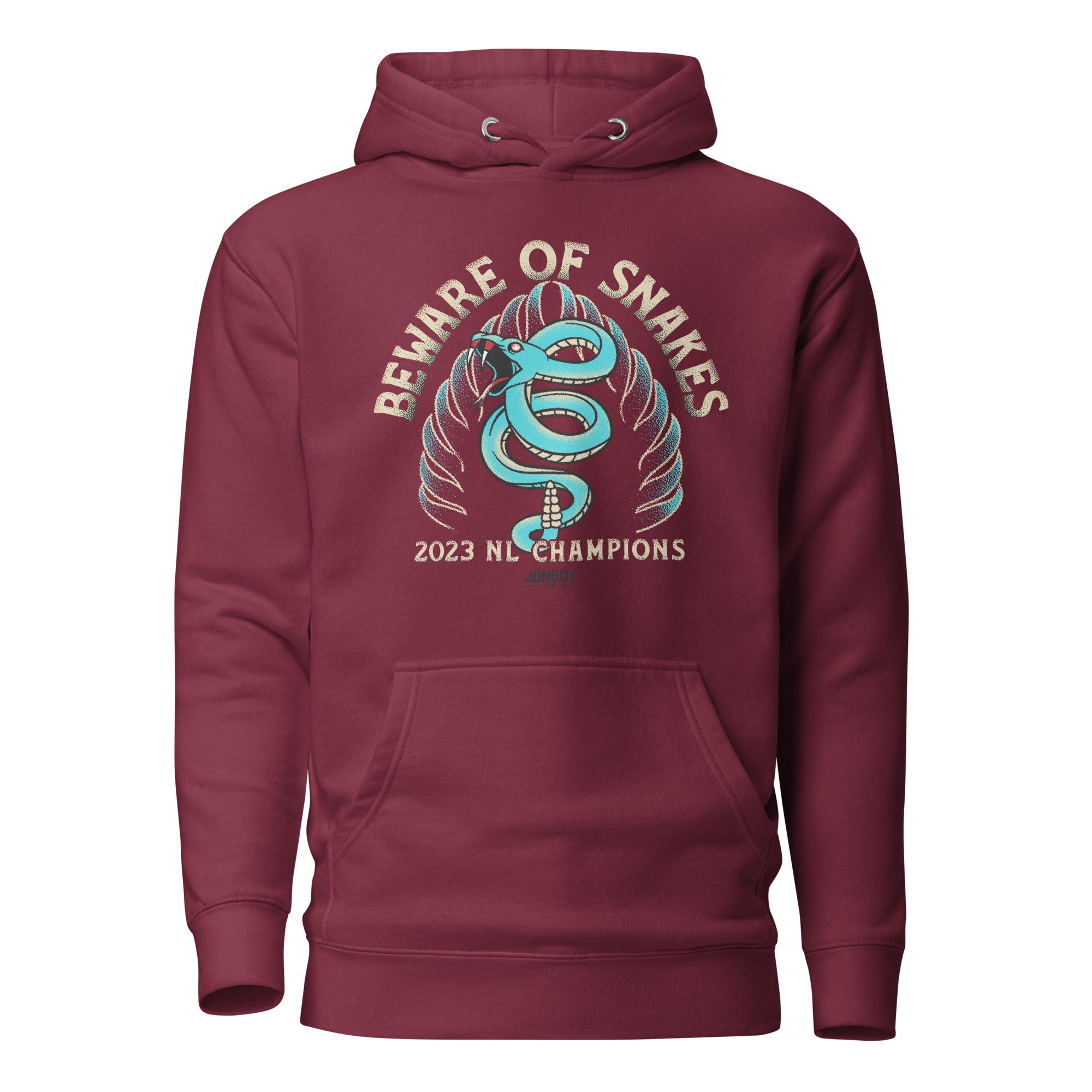 Maroon hoodie featuring a snake illustration, "Beware of Snakes" text, and "2023 NL Champions" design on the front.