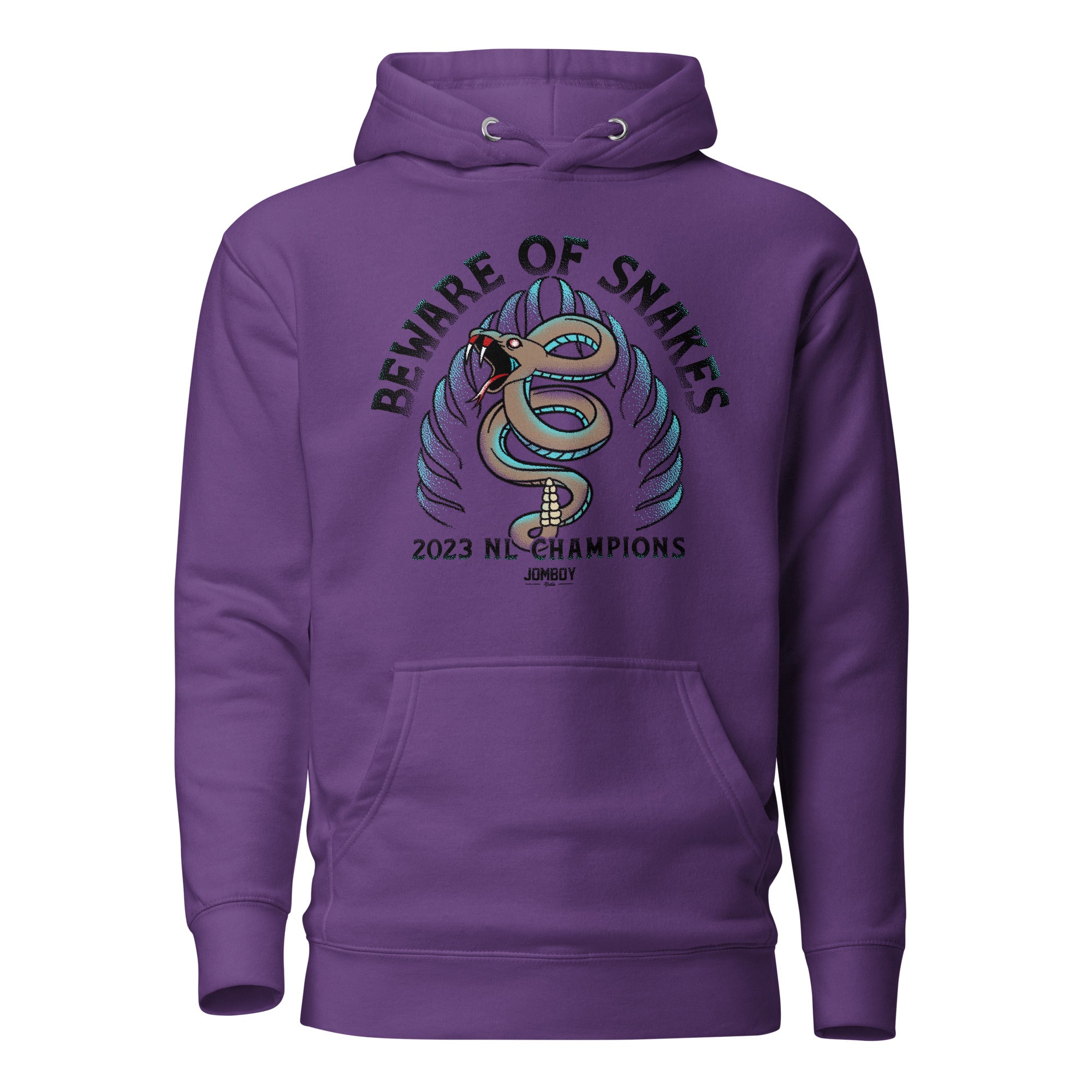 Purple hoodie featuring a snake illustration with "Beware of Snakes" text, champion logo, and "2023 NL Champions" print.