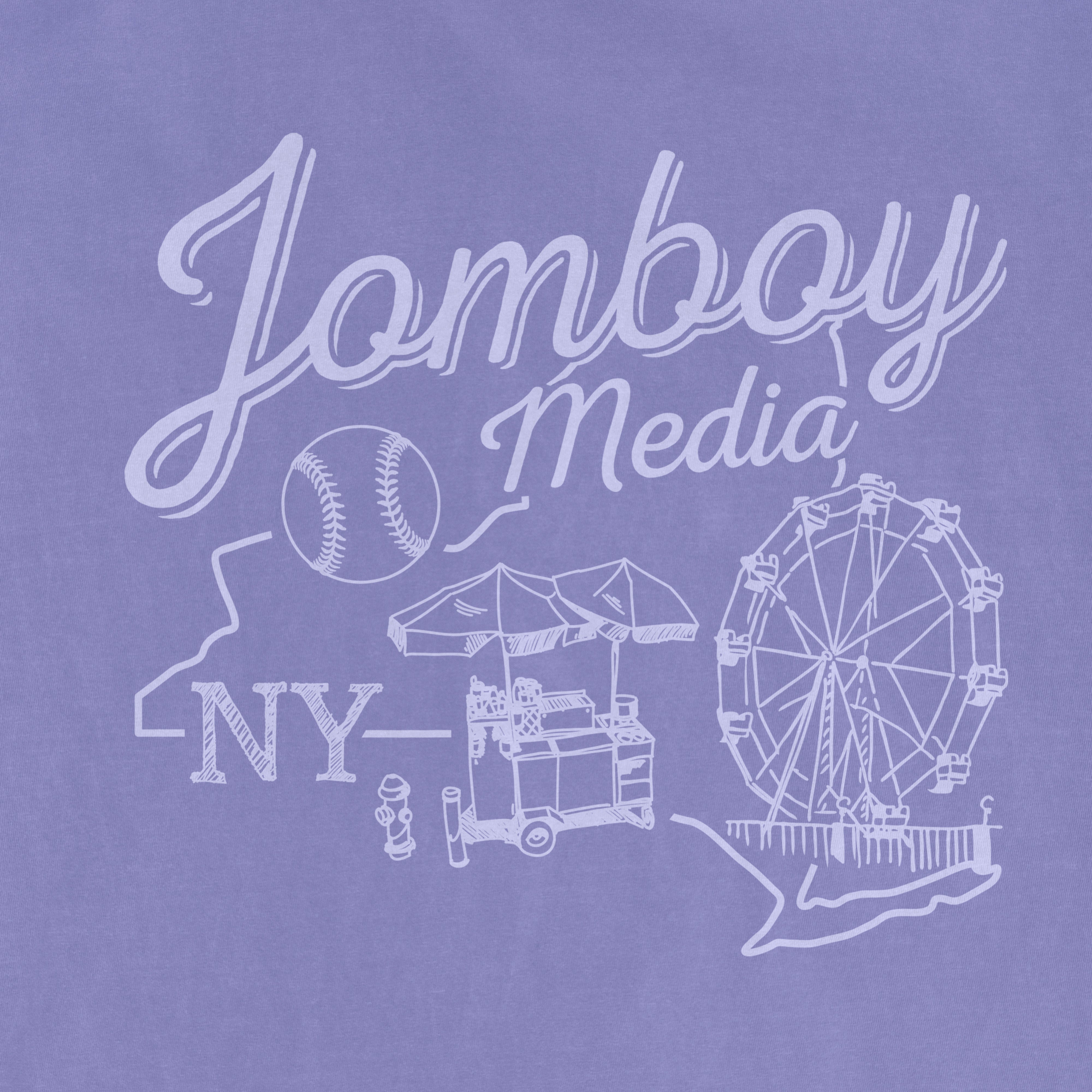 Light purple graphic design featuring "Lomboy Media" text, a baseball, a food cart, a Ferris wheel, and an outline of New York State.