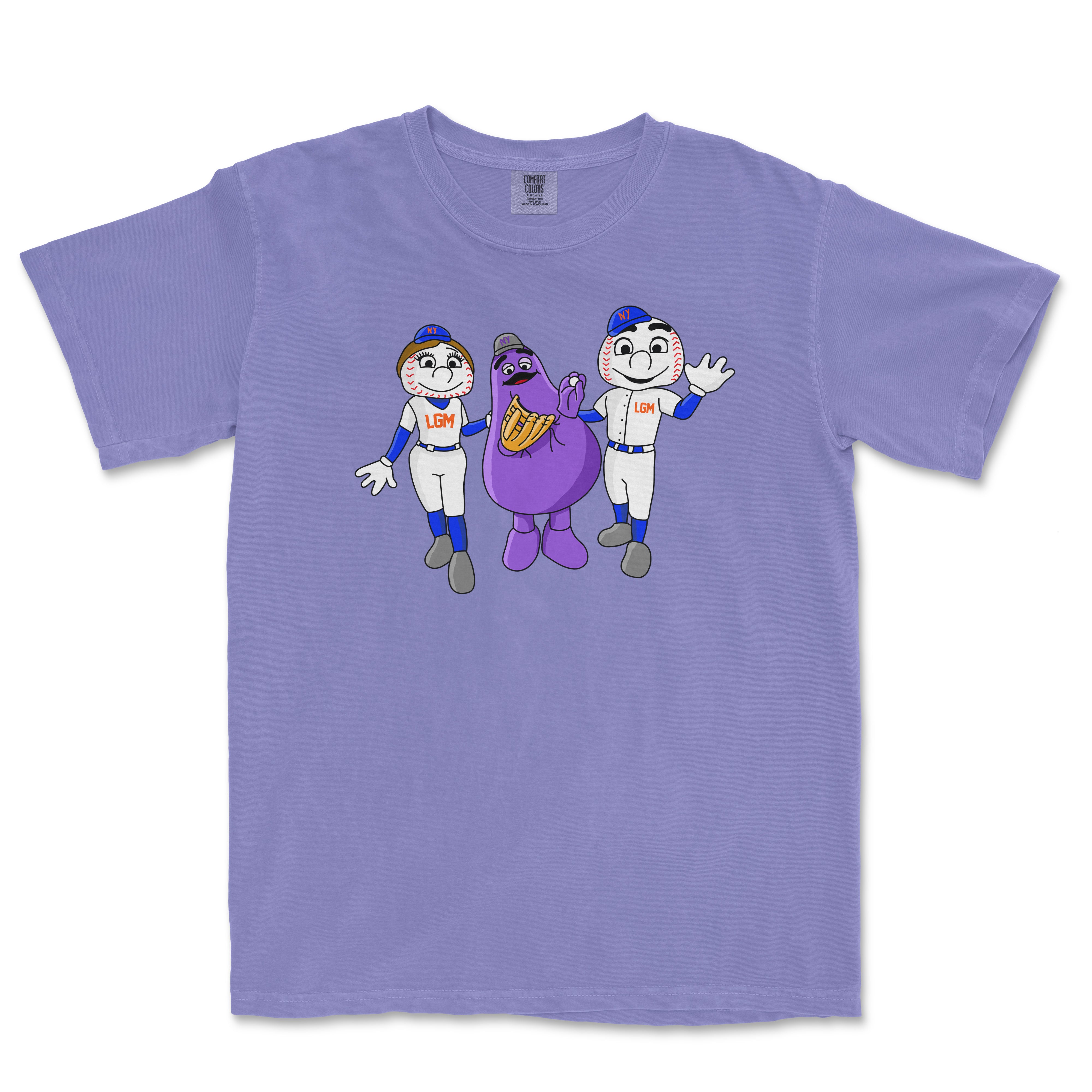Lavender Comfort Colors T-shirt featuring cartoon baseball characters and a purple mascot, with "NYM AND FRIENDS" theme.