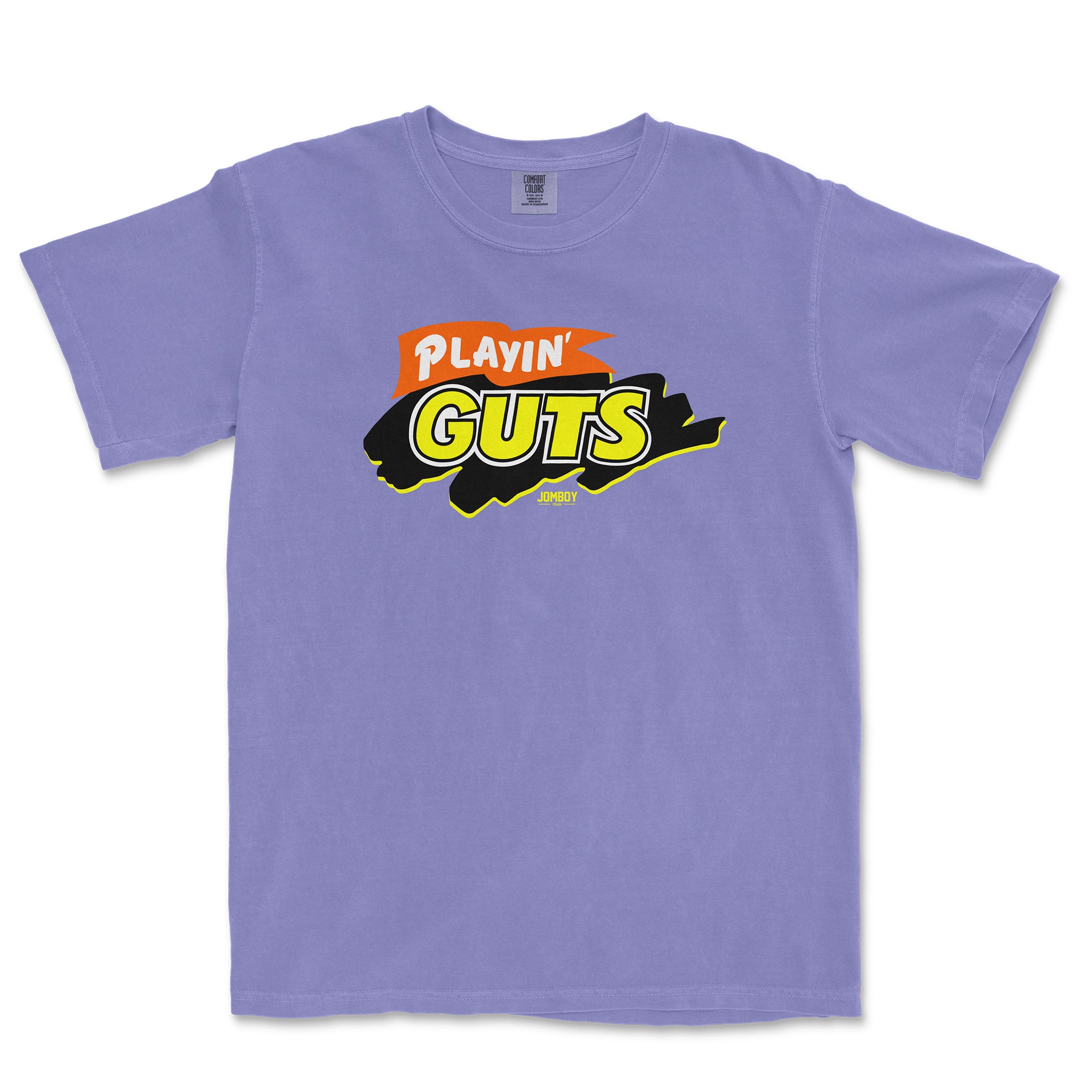 Purple T-shirt featuring a bold, colorful "Playin' Guts" graphic design with black, yellow, orange, and white accents.