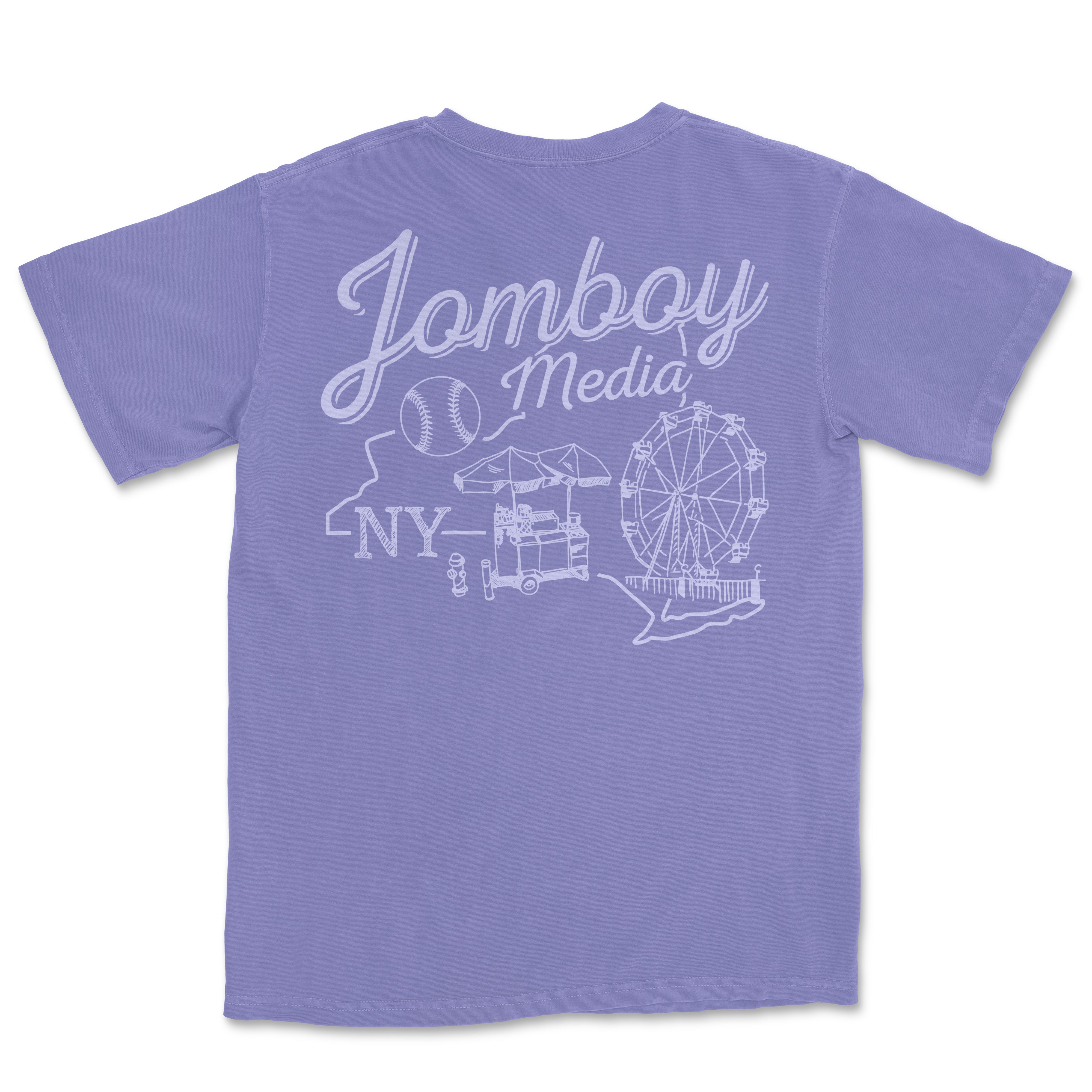 Light purple T-shirt featuring a white graphic of a Ferris wheel, a food cart, a baseball, and the text "Jamboy Media NY" representing Coney Island.