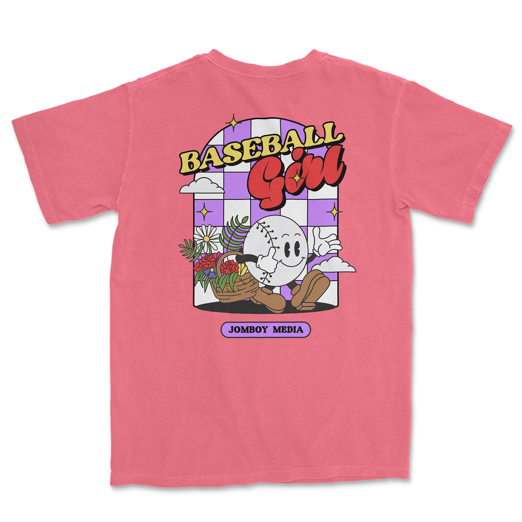 Pink Comfort Colors tee featuring a cartoon baseball girl holding a basket of flowers with "Baseball Girl" text and "Jombo Media" label.