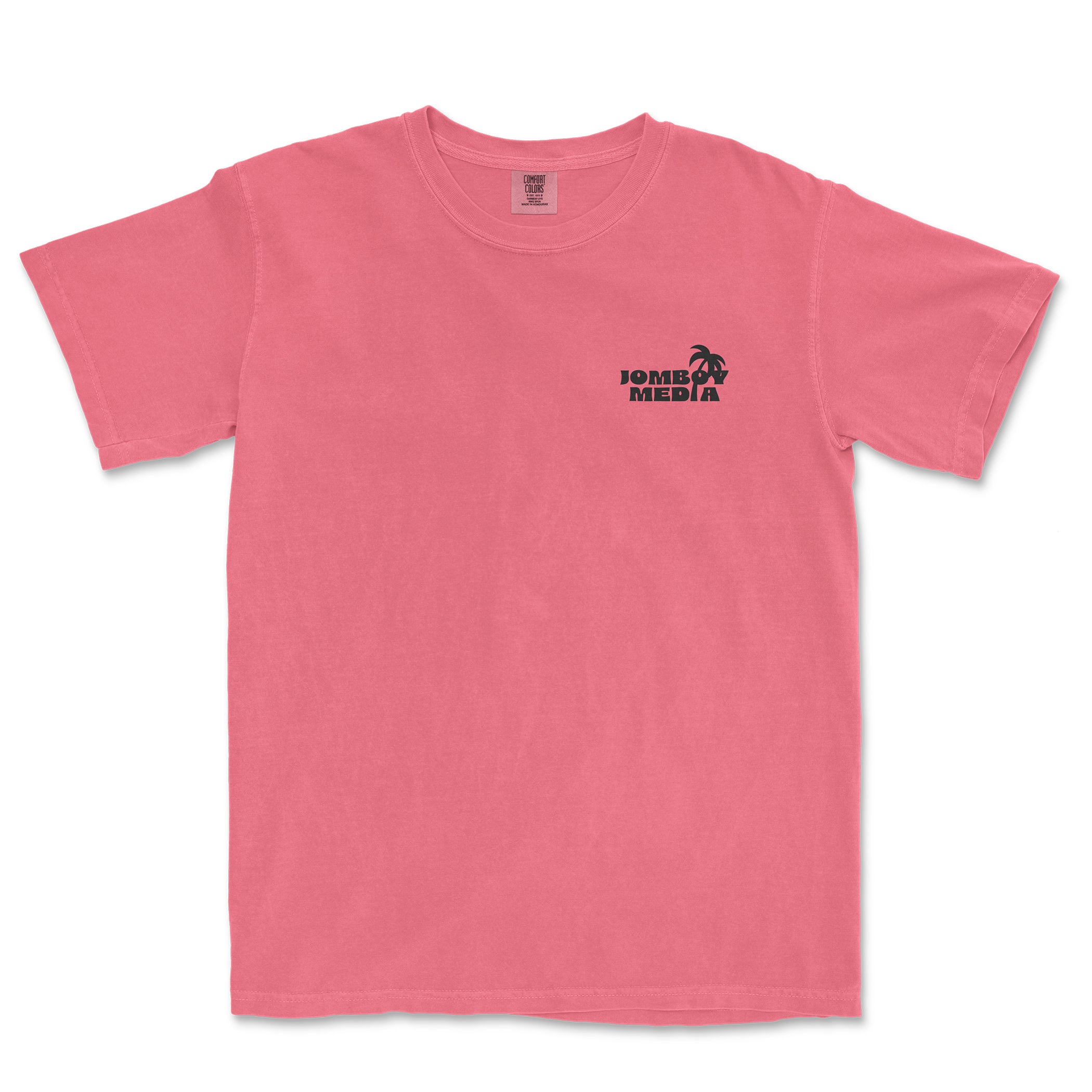 Pink Comfort Colors T-shirt with "Just Froggin' Around" and a small black logo featuring a frog and palm tree on the chest.