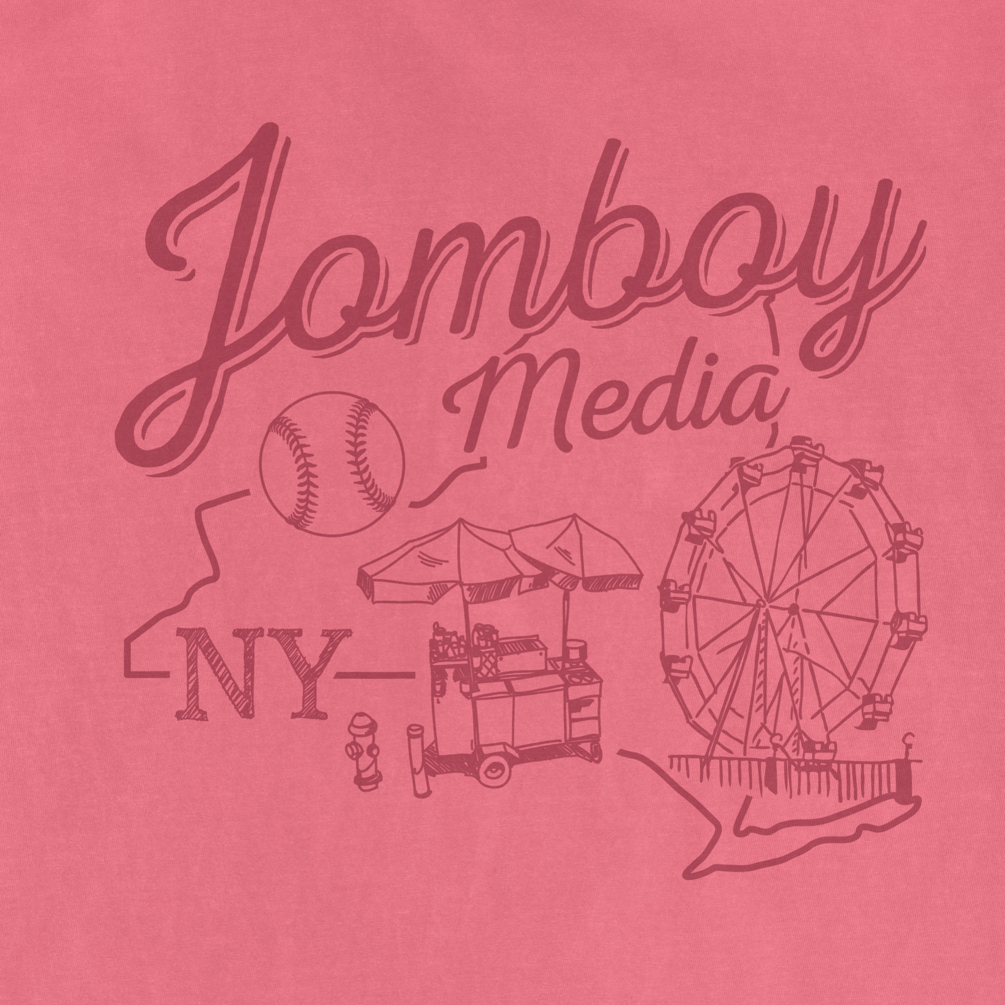 Pink graphic design featuring "Lomboy Media" text, a baseball, a food cart, and a Ferris wheel, representing Coney Island, NY.