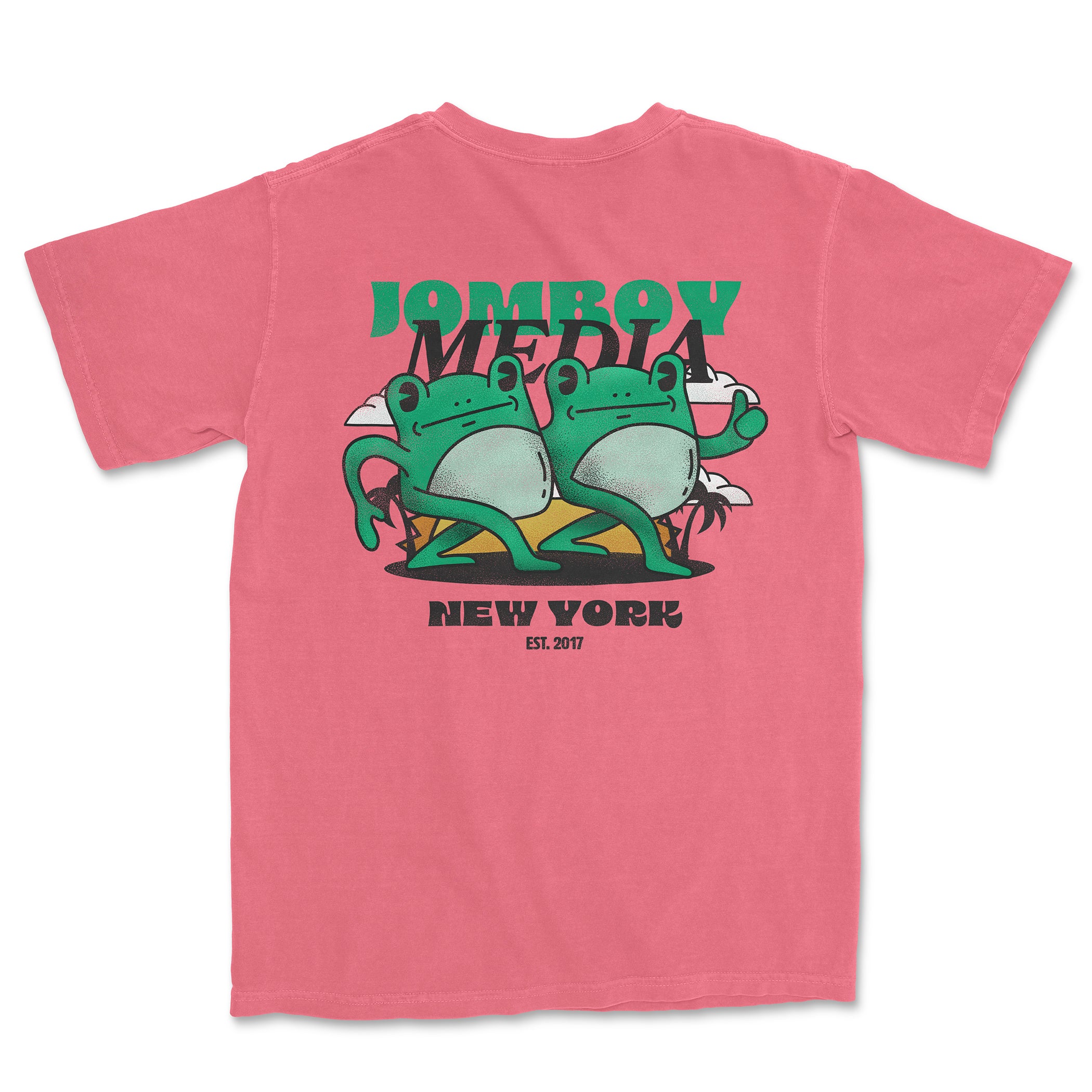 Pink Comfort Colors T-shirt featuring a graphic of two frogs, "Jombo Media" text, and "New York" with "Est. 2017" underneath.