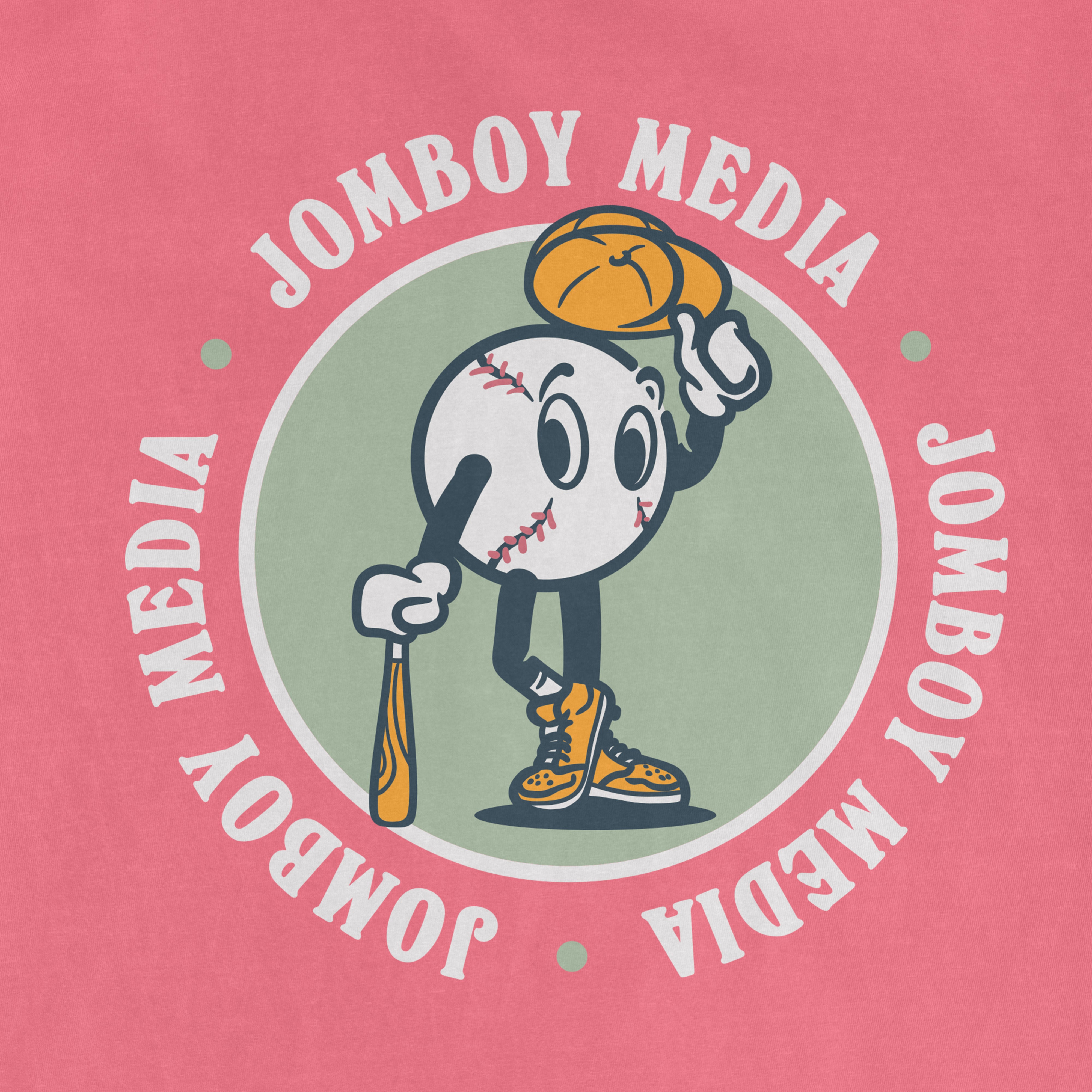 A cartoon baseball mascot with a baseball head, holding a bat in one hand and a glove in the other, wearing sneakers and a baseball glove on its head.