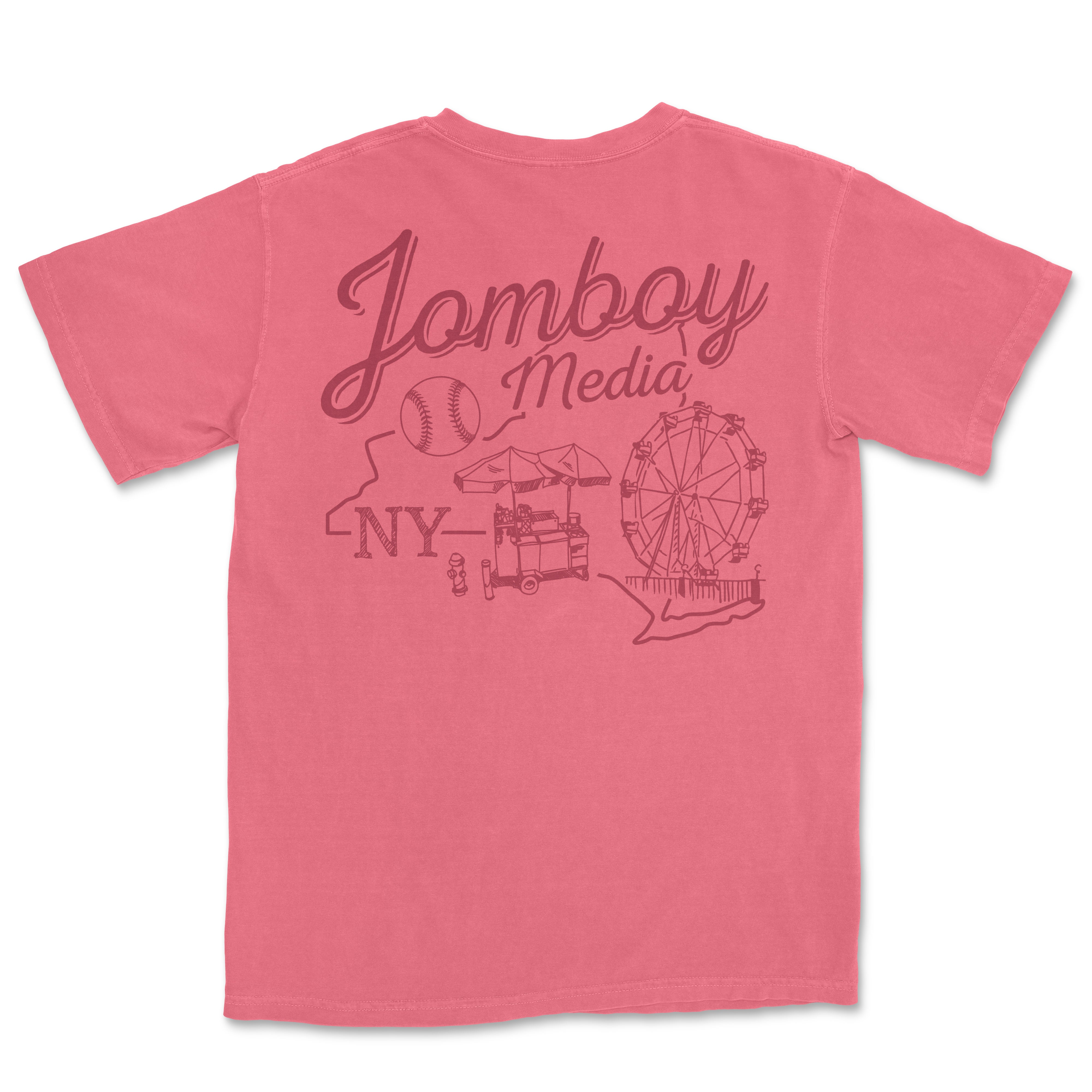 Pink T-shirt featuring a "Coney Island Classic" design with a baseball, Ferris wheel, food cart, and New York outline.