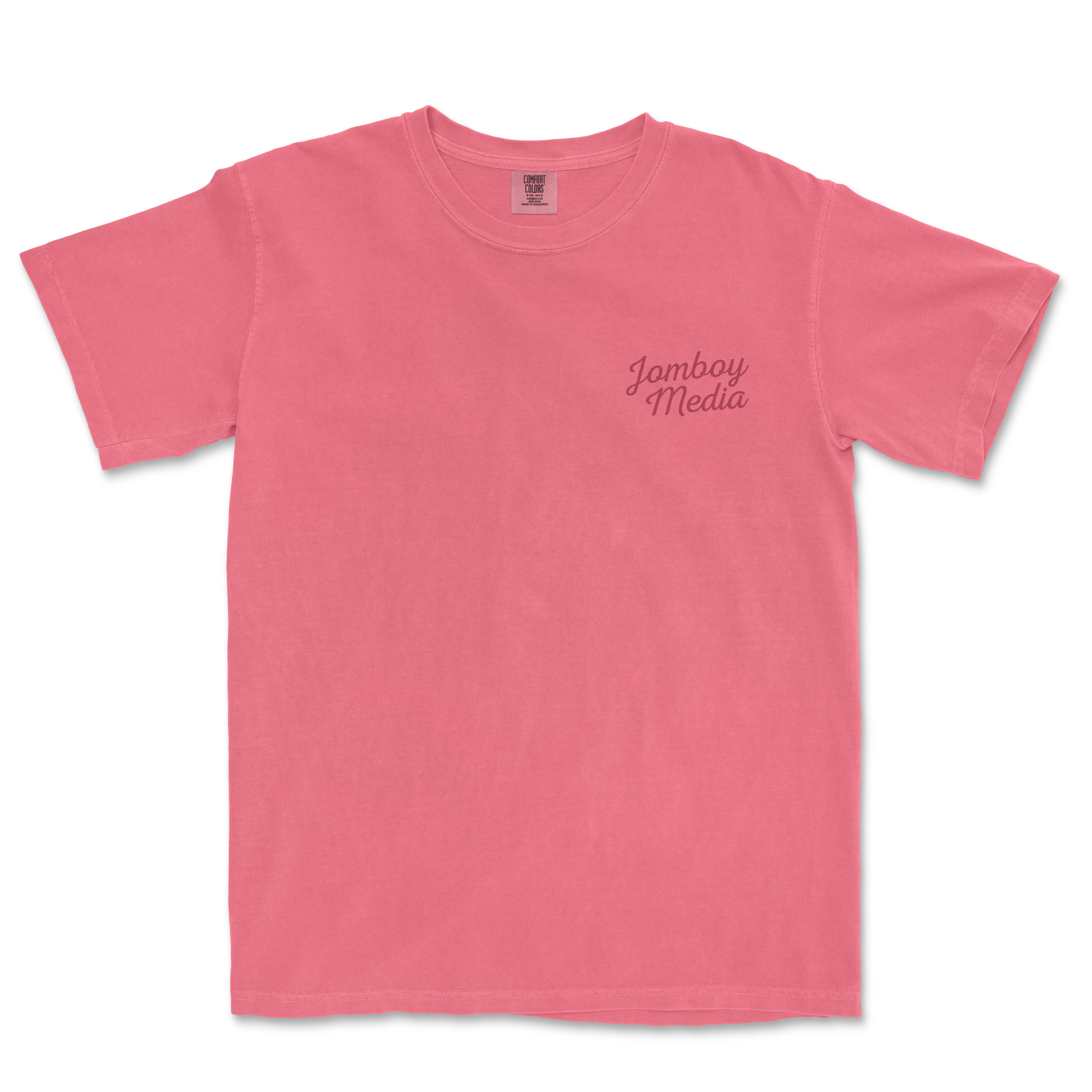Pink T-shirt with "Jomboy Media" embroidered in cursive on the upper left chest area.