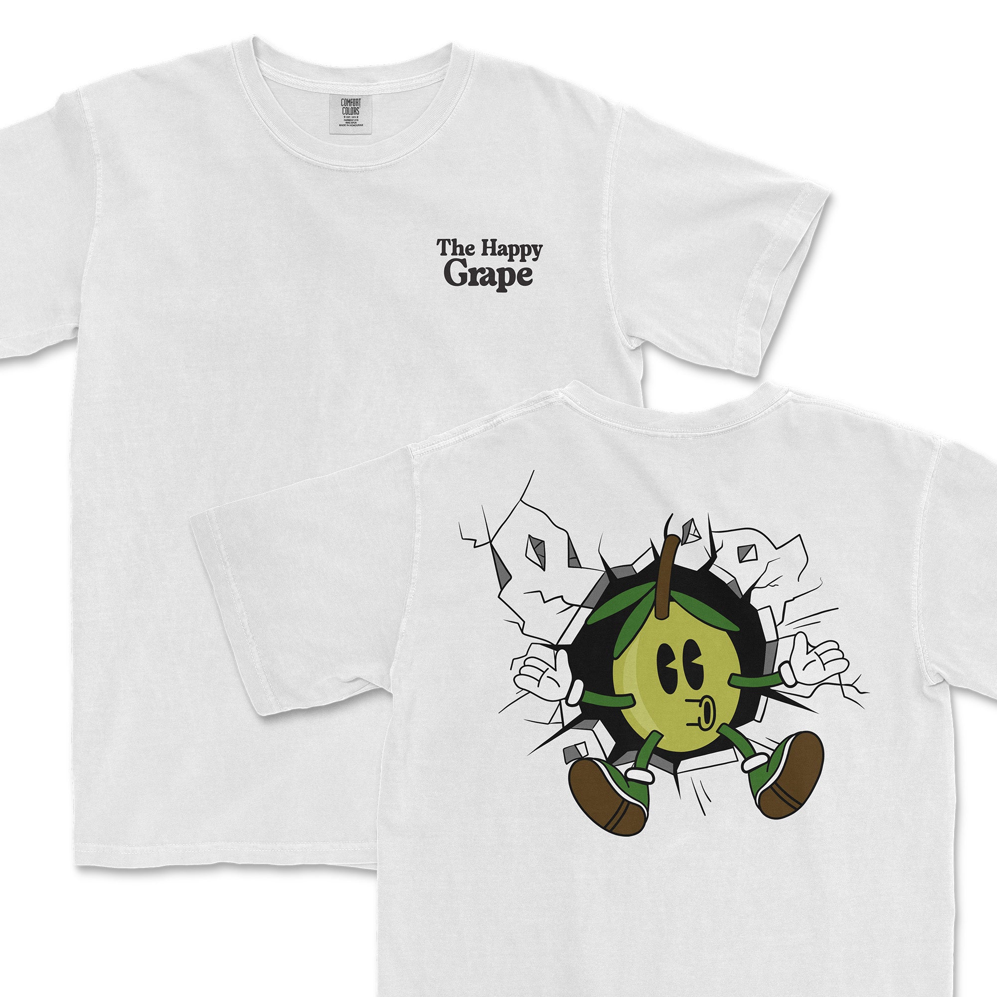 White t-shirt featuring a playful olive character breaking through a wall, with "The Happy Grape" text on the front.