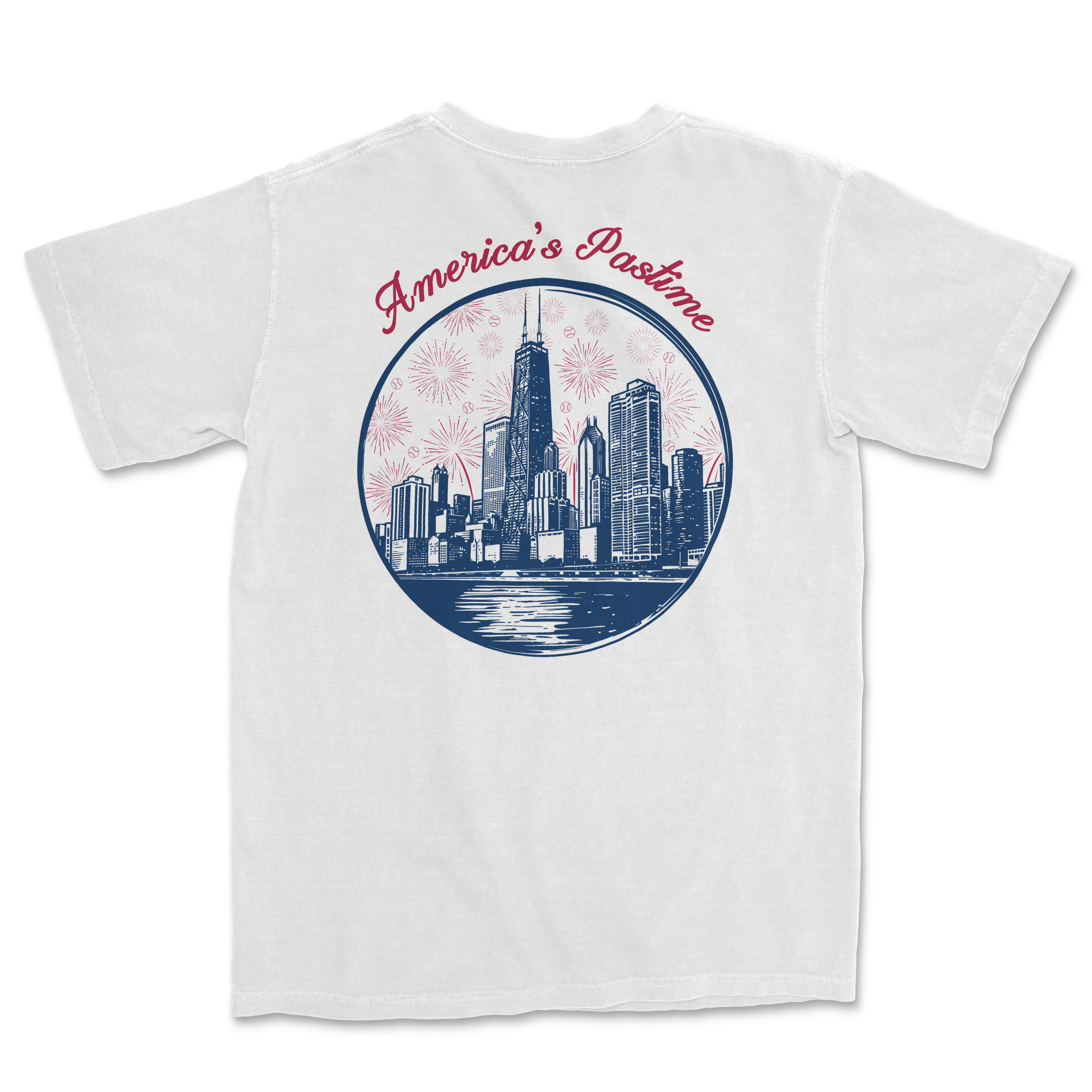 White t-shirt featuring a graphic of a city skyline with "America's Pastime" text and fireworks design.