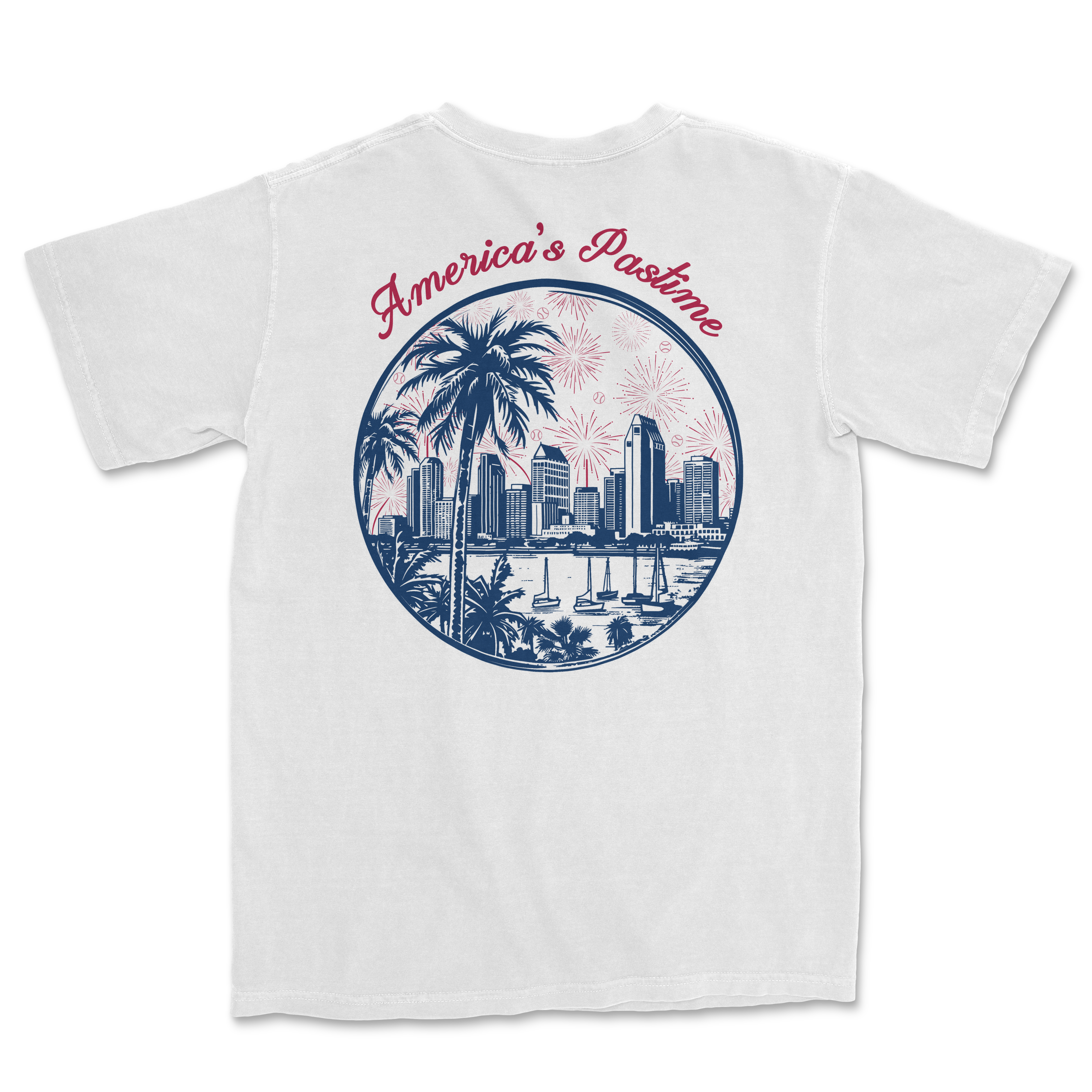White t-shirt featuring a circular graphic of a city skyline with palm trees and fireworks, labeled America's Pastime.