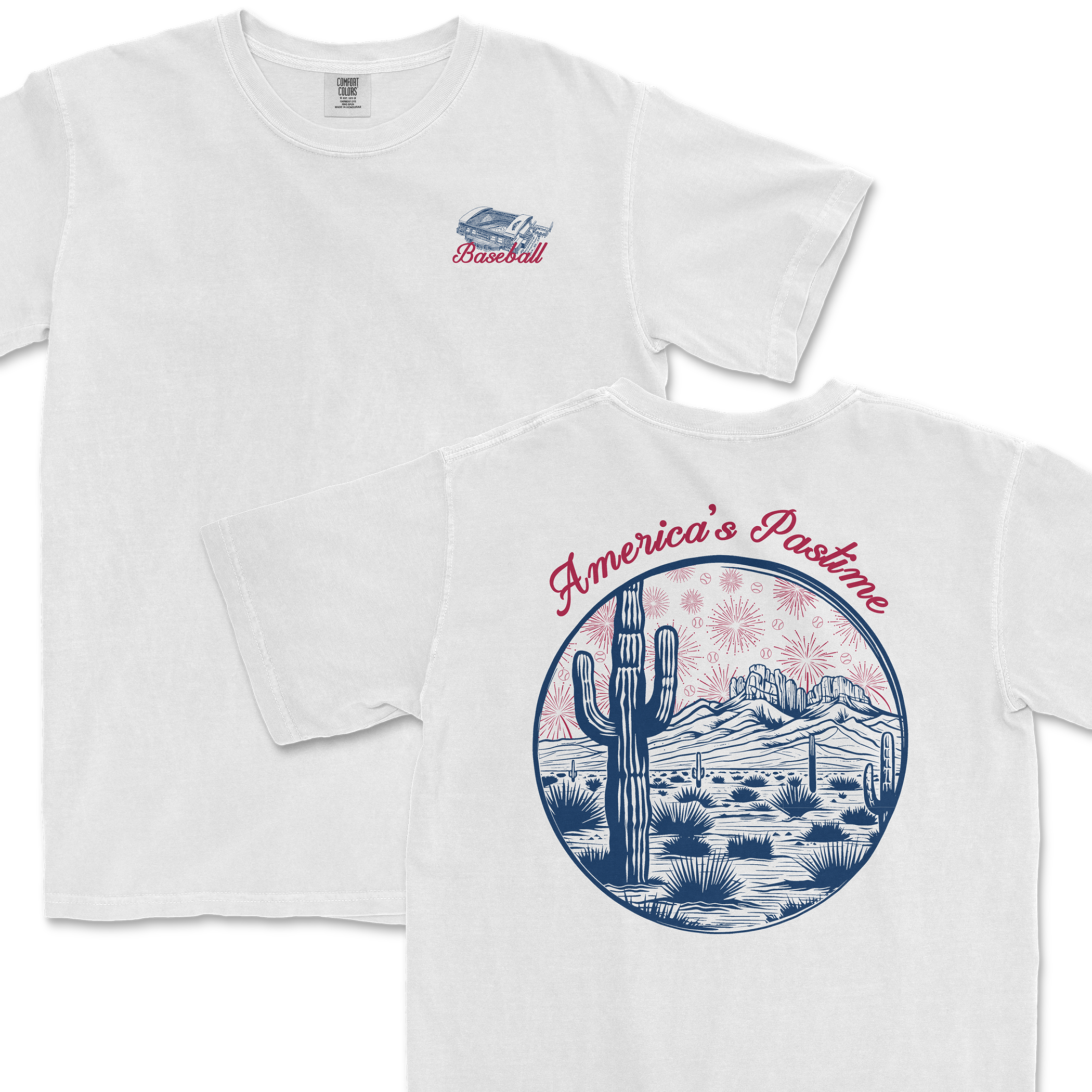 White t-shirt featuring a baseball graphic on the front and a desert scene with "America's Pastime" on the back.