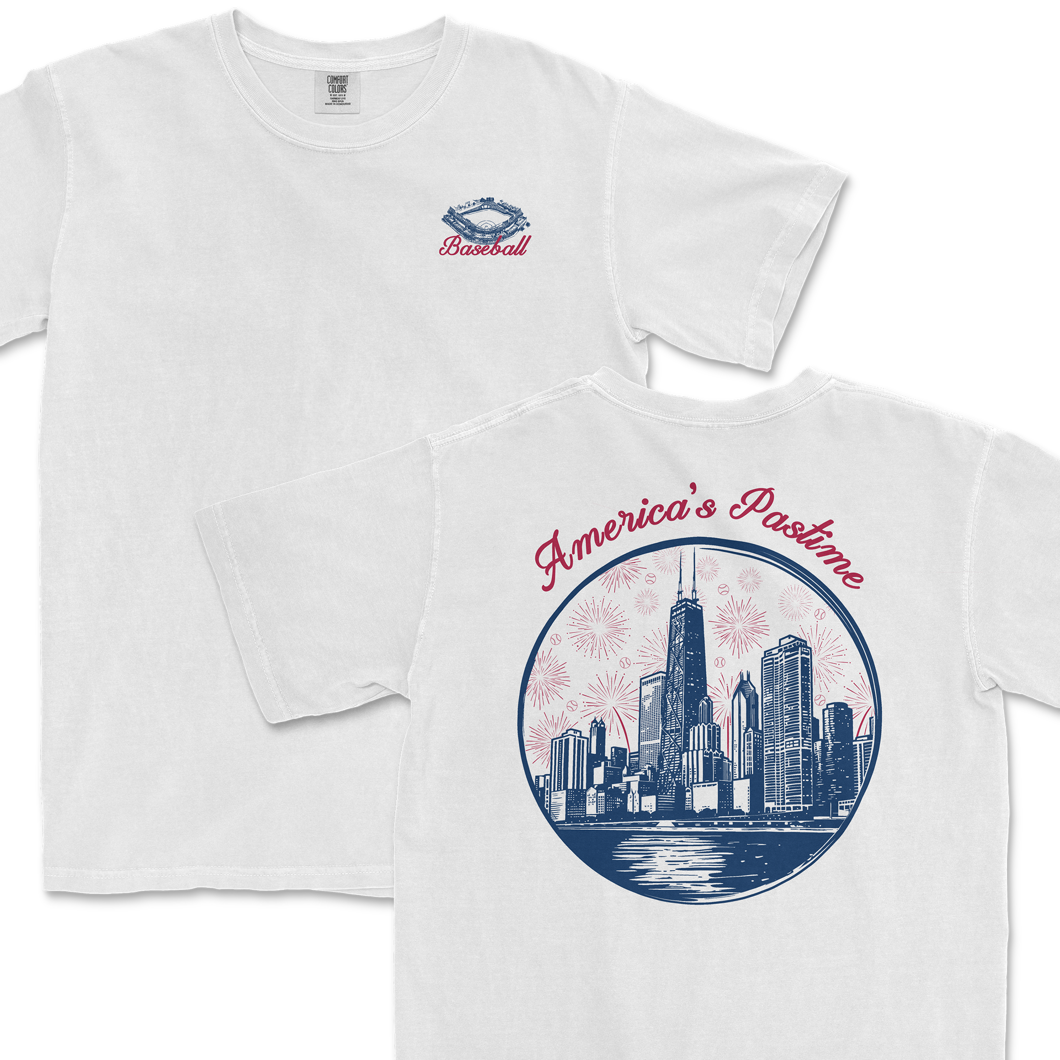 White t-shirt featuring a skyline design and "America's Pastime" text, celebrating baseball culture.