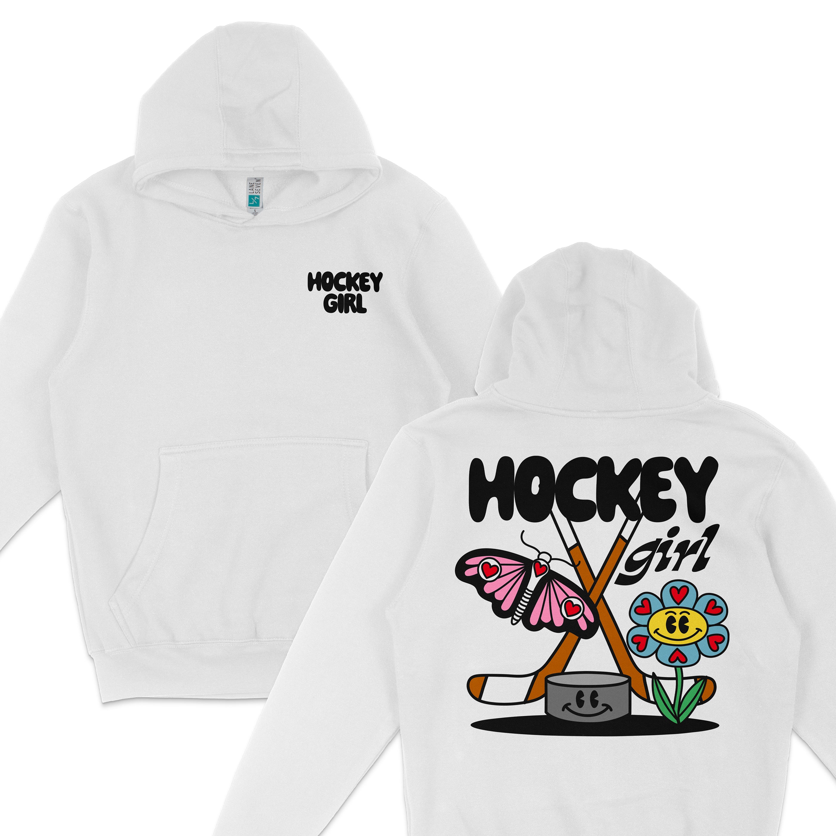 White hoodie with "Hockey Girl" text, featuring a colorful back design of a butterfly, flower, and hockey sticks.