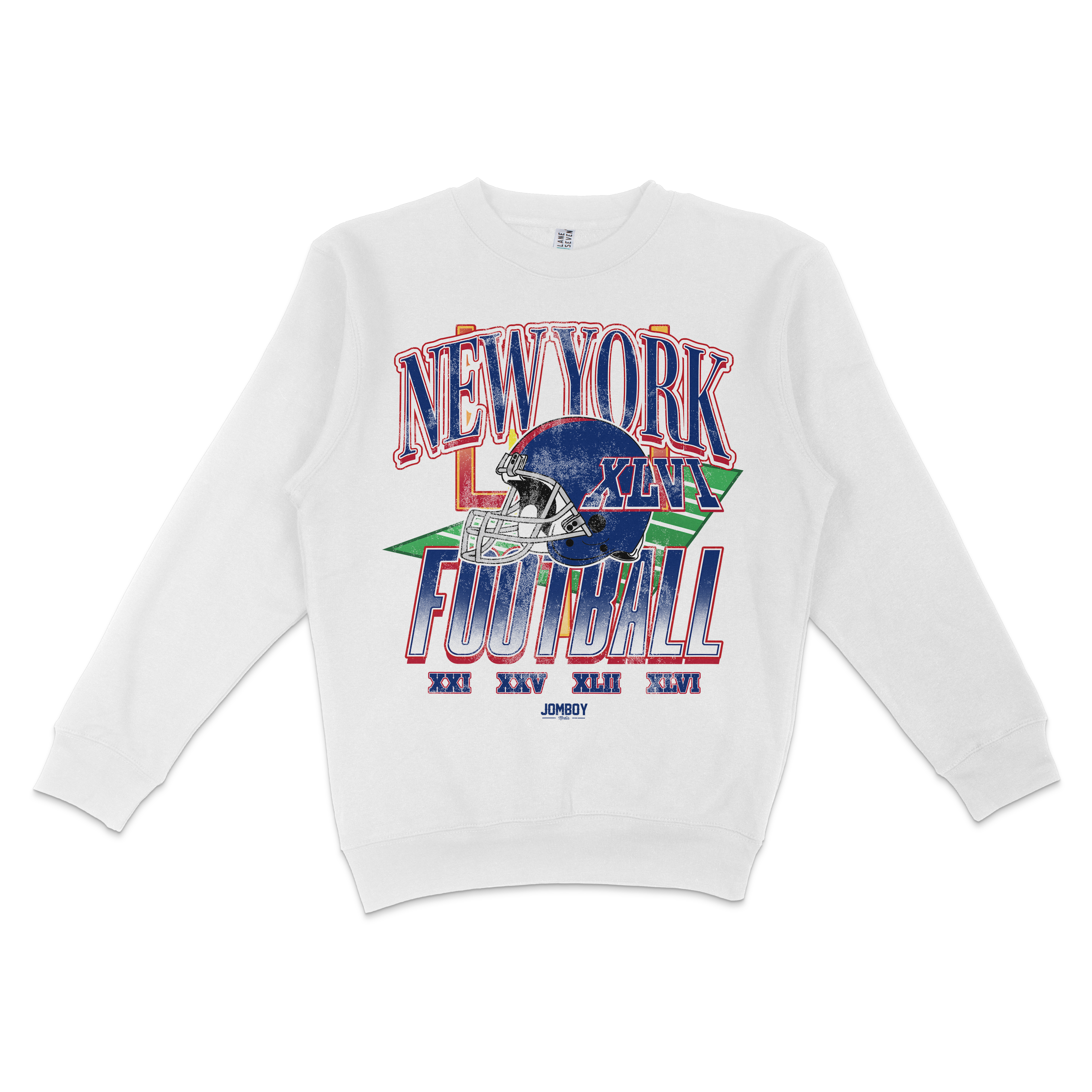 White crewneck sweatshirt featuring colorful "New York Football" graphic with a football helmet and Roman numerals.