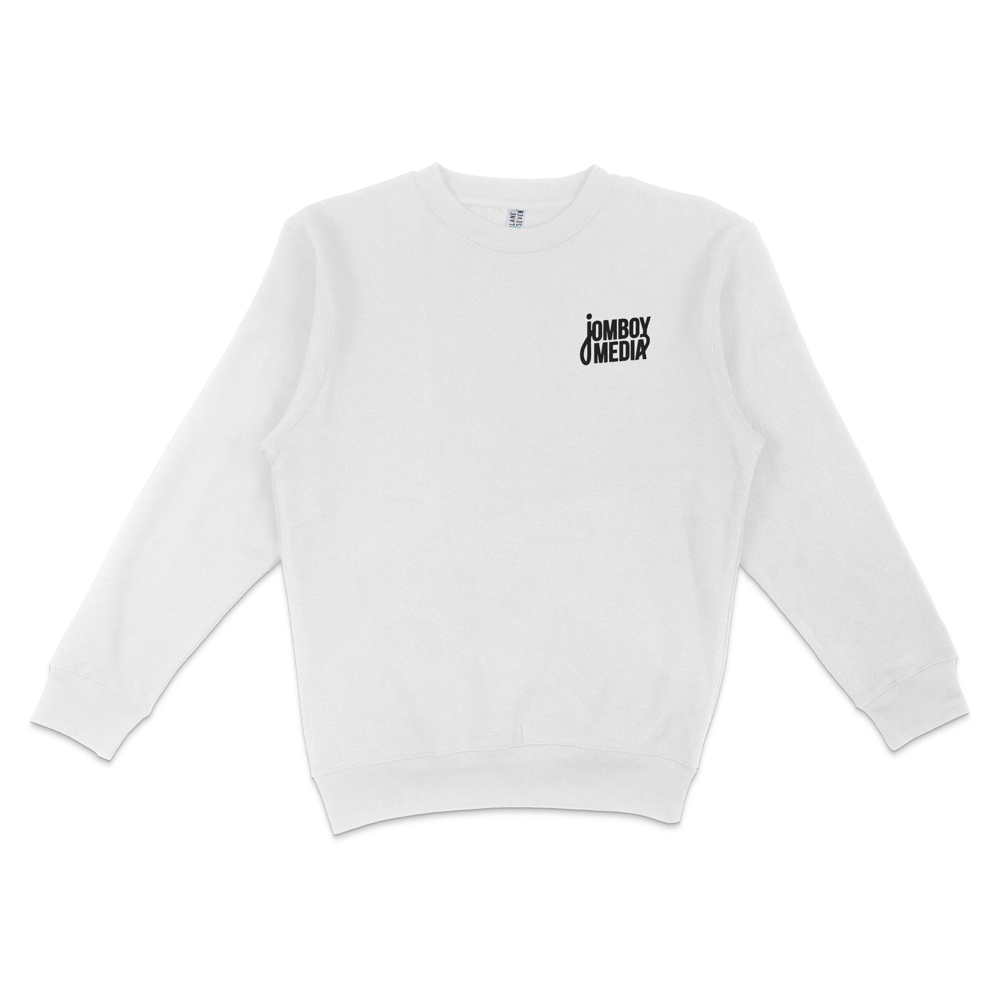 White crewneck sweatshirt featuring the Jomboy Media logo embroidered on the front. Ideal for sports fans.