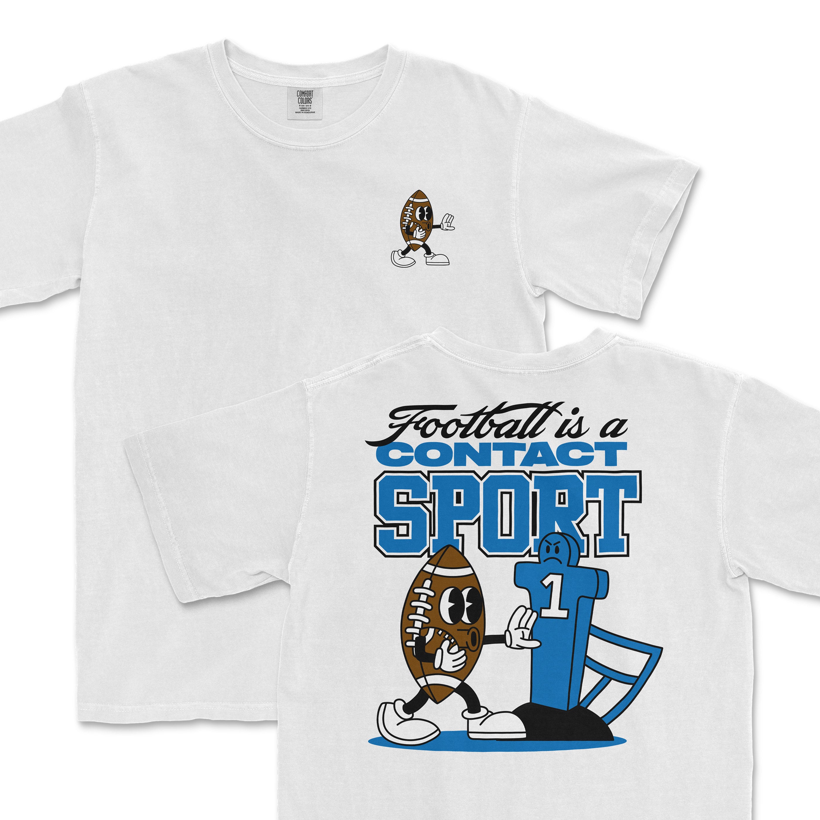 White t-shirt featuring a graphic of a football and the text "Football is a Contact Sport" in bold colors on the back.