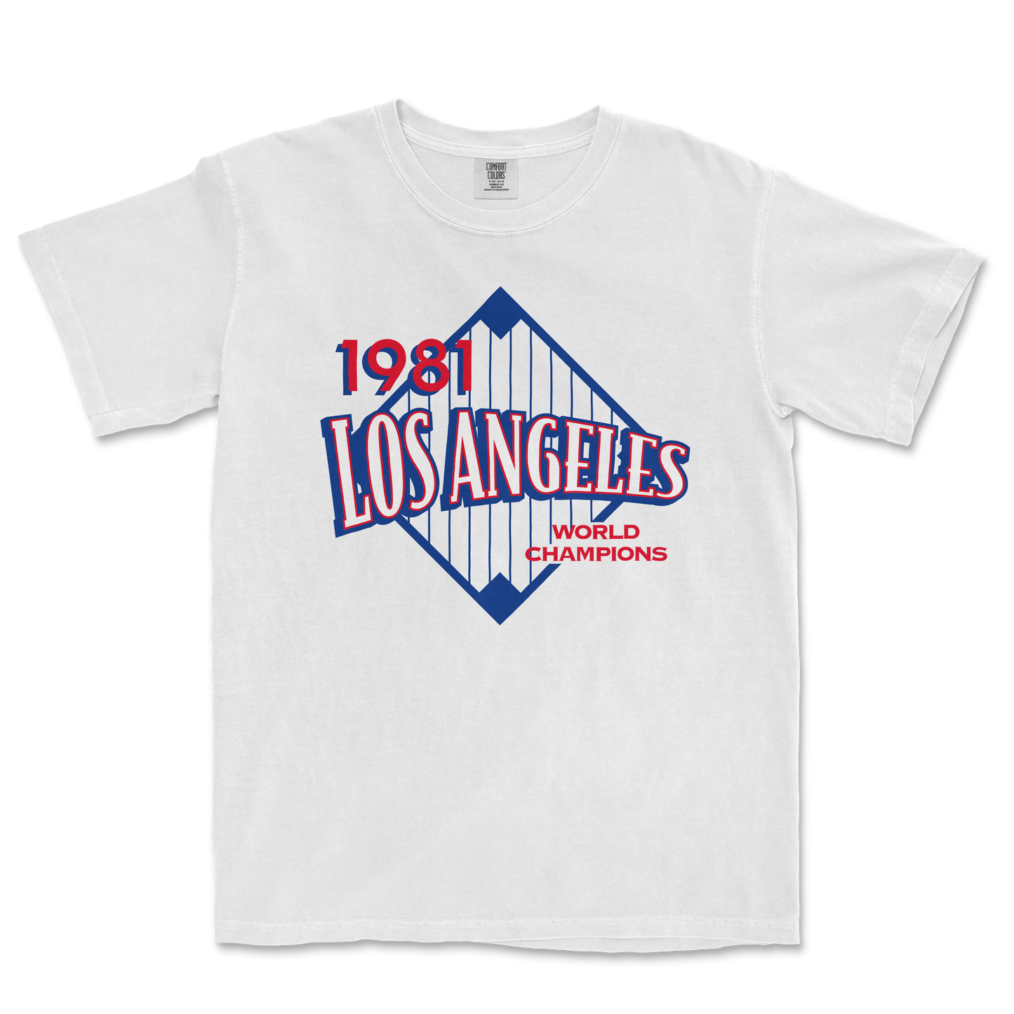 White Comfort Colors tee featuring a vintage Los Angeles 1981 World Champions graphic with red, blue, and white design elements.